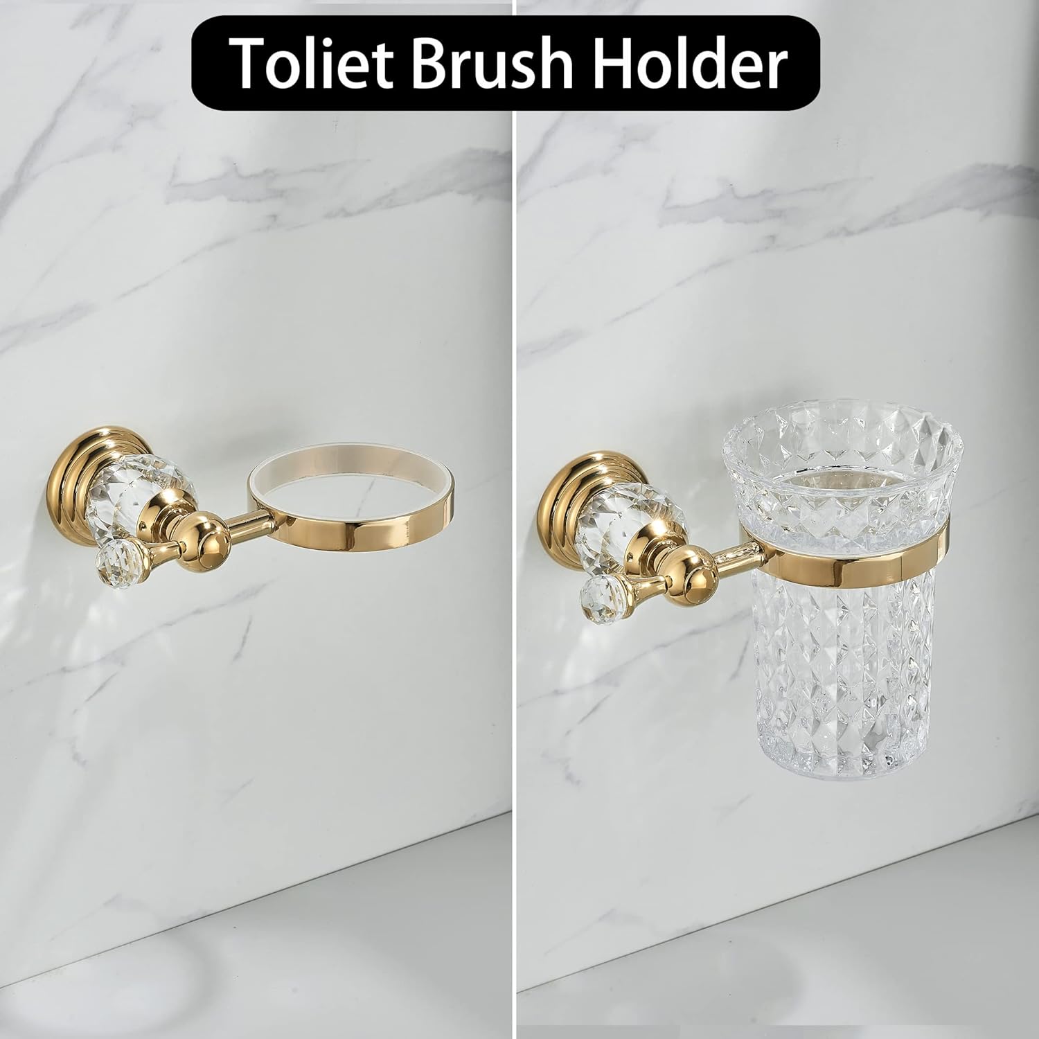 WOLIBEER Crystal Toilet Brush Holder with Gold Handle and Replaceable Brush 1