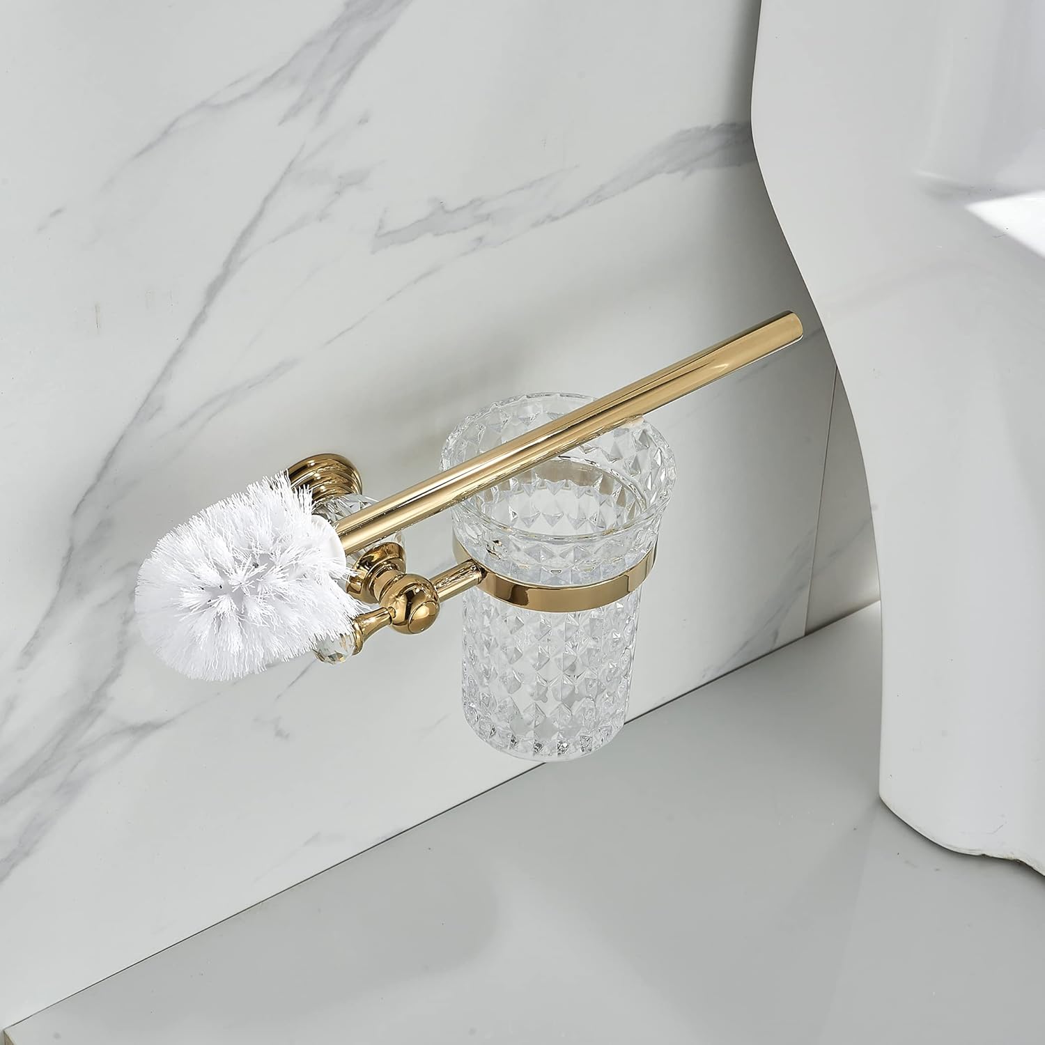 WOLIBEER Crystal Toilet Brush Holder with Gold Handle and Replaceable Brush 1