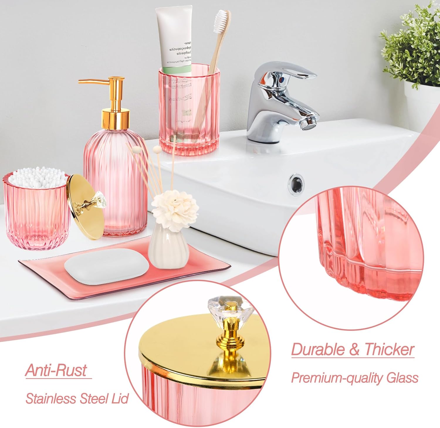 Pink 4Pc Glass Bathroom Accessory Set