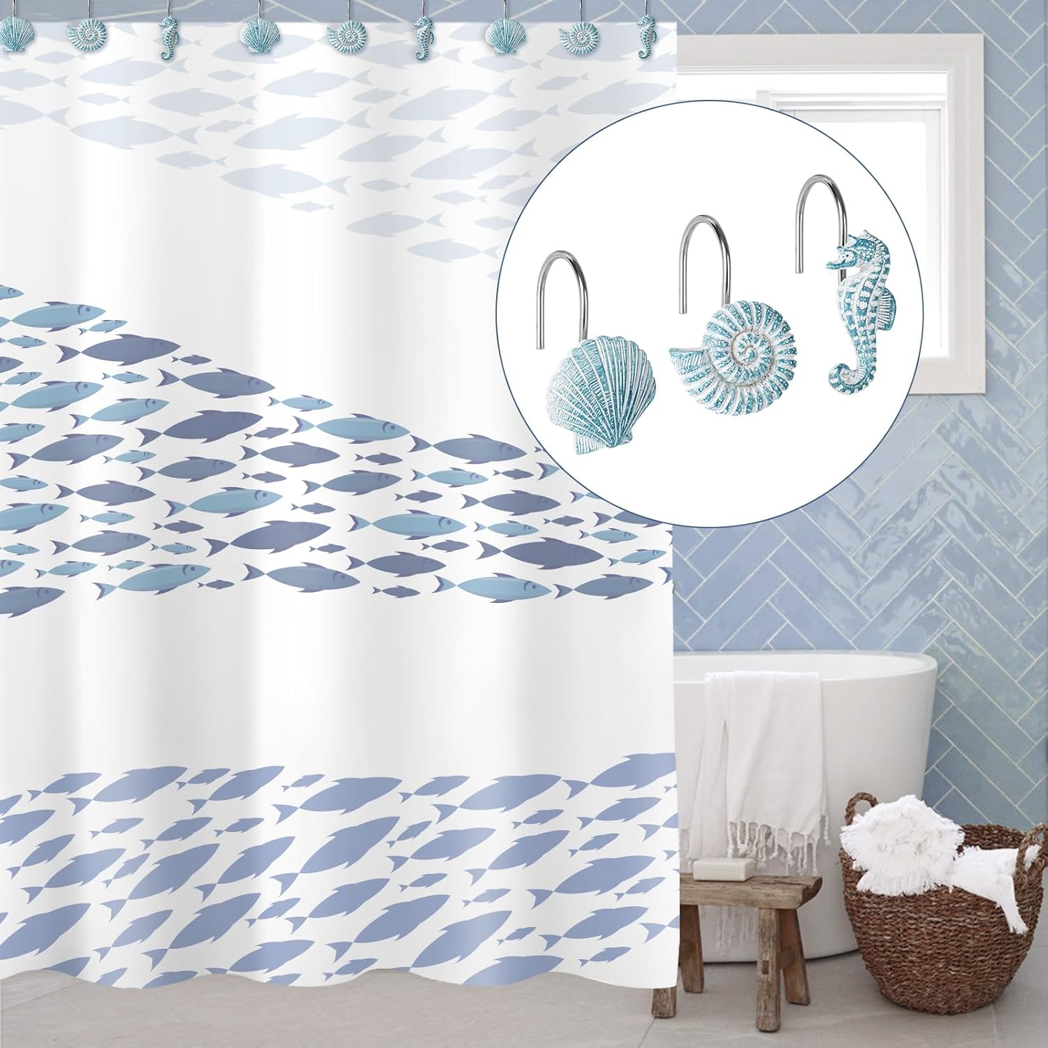 Sunlit 12-Piece Blue Resin Decorative Shower Curtain Hooks