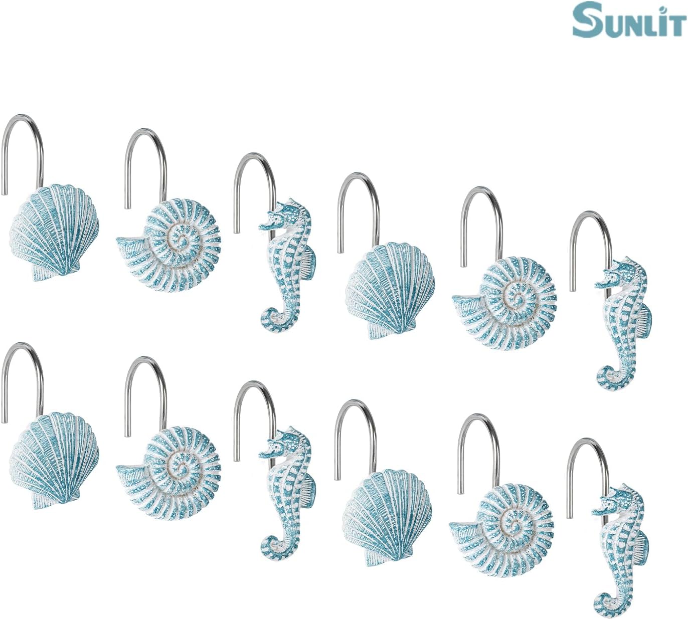 Sunlit 12-Piece Blue Resin Decorative Shower Curtain Hooks