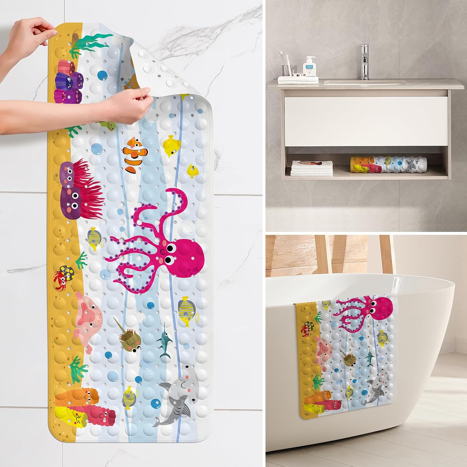 Yolife Kids Bath Mat Adventure 40x16in Suction-Cool Design for toddlers