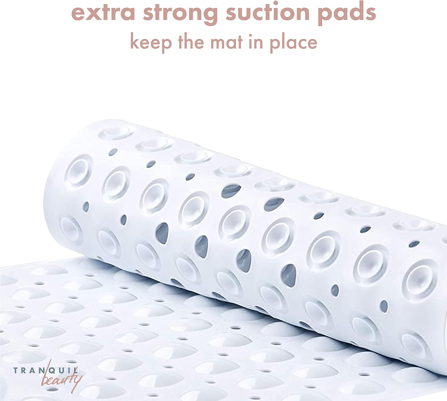 TranquilBeauty Non-Slip Bath Mat with Suction Cups 40x16in White Extra Long