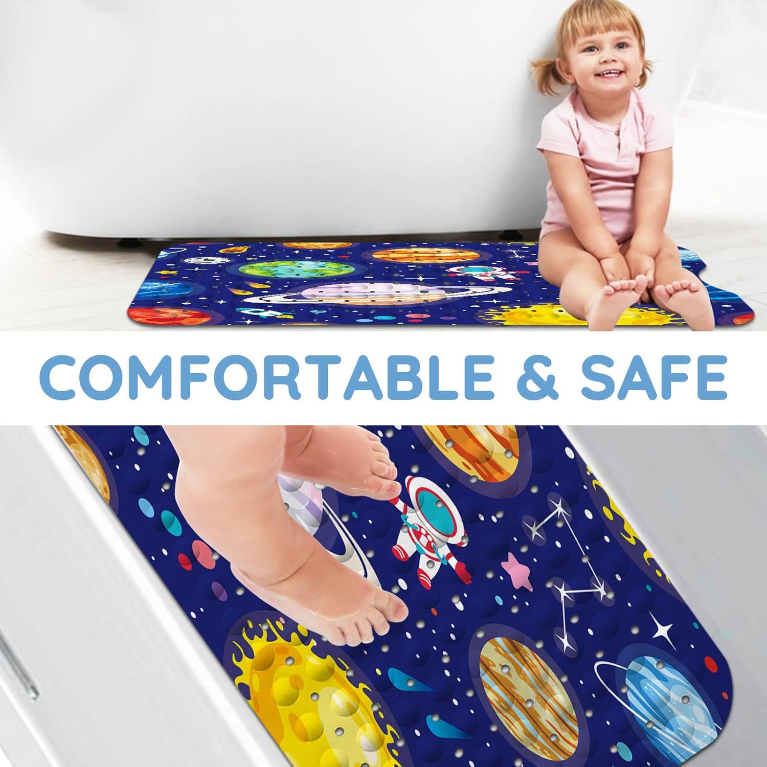 KINUUIS Bathtub Mat for Kids Blue Outer Space Design Non-Slip Washable