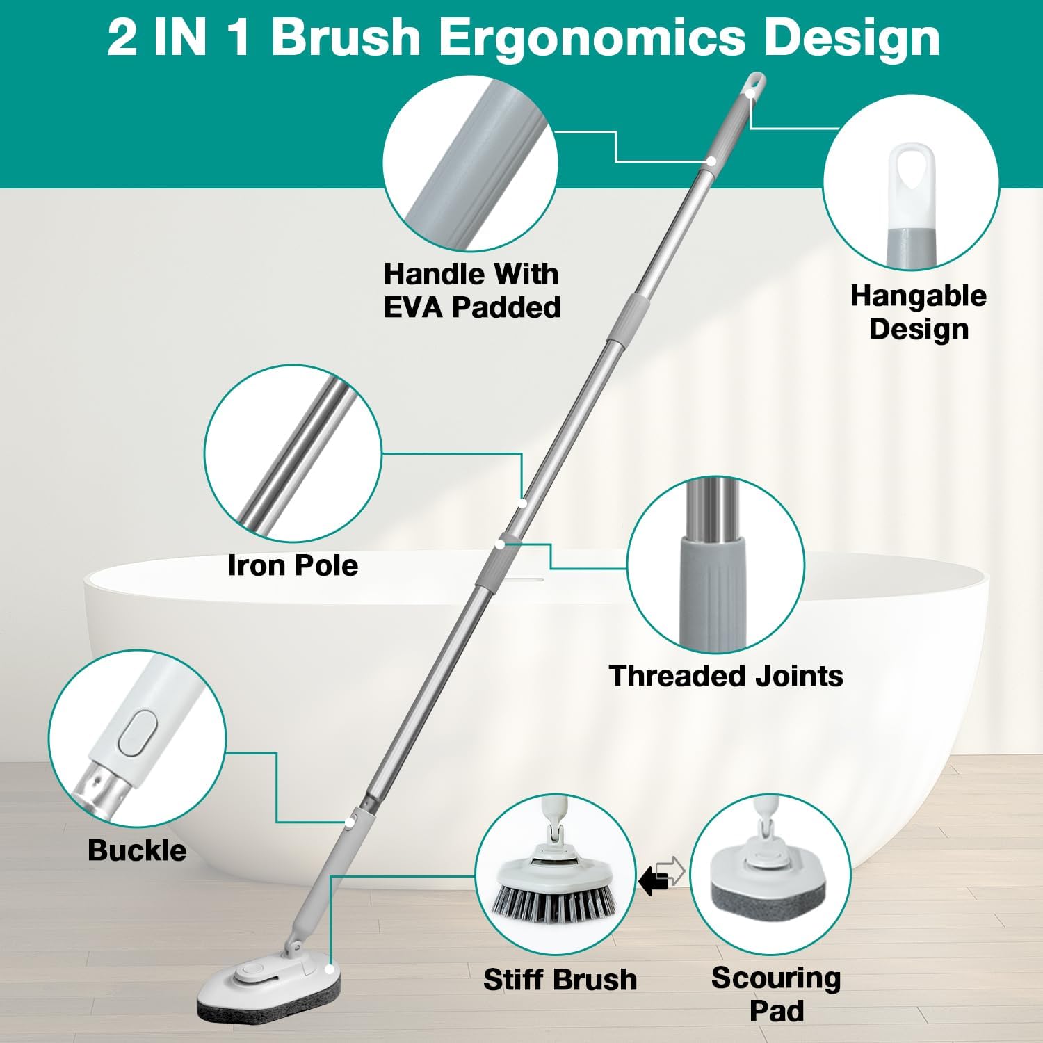 2 in 1 Tub and Tile Scrubber with 50 Long Handle