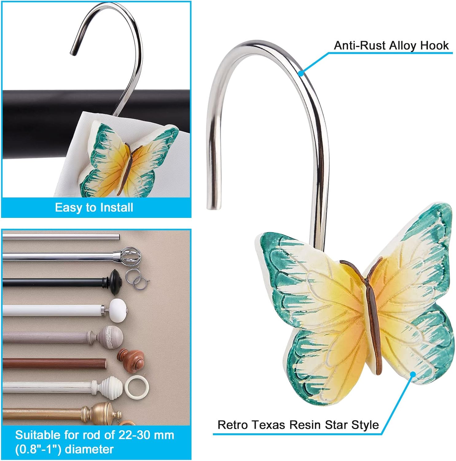 AGPTEK 12PCS Butterfly Decorative Resin Hooks for Shower Curtain