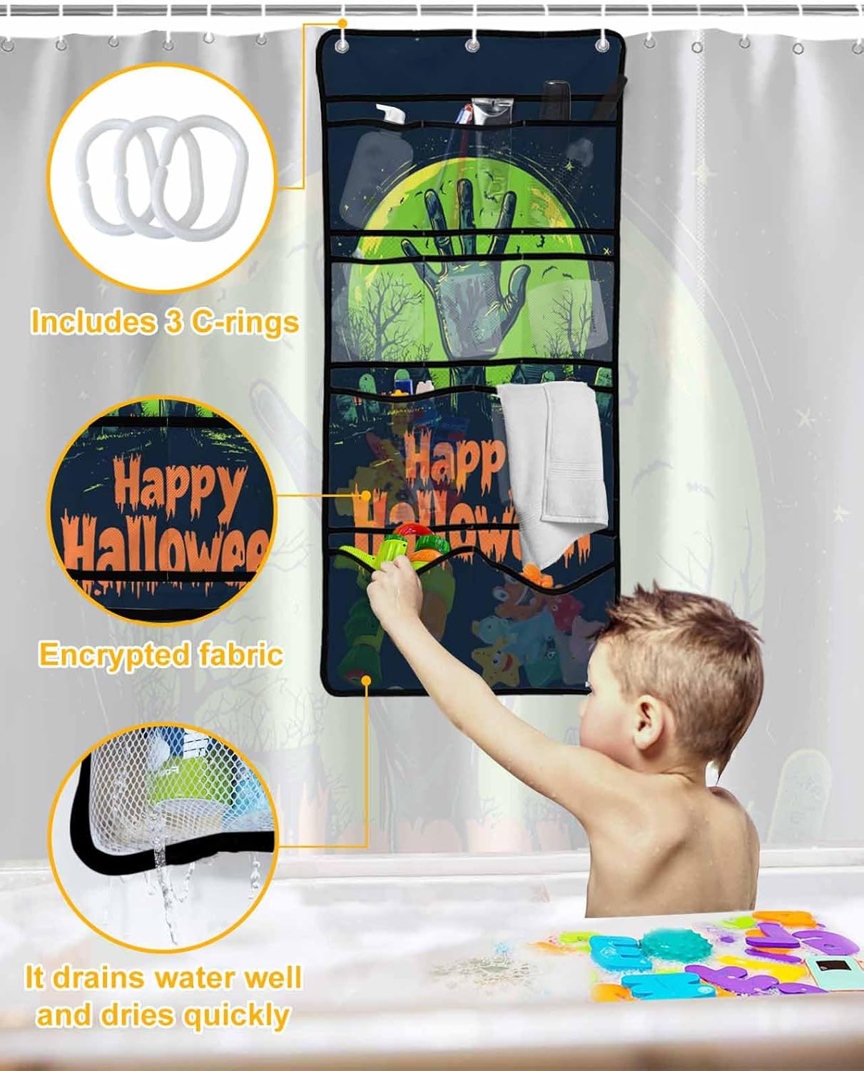 Shower Curtain Mesh Caddy with 10 Pockets