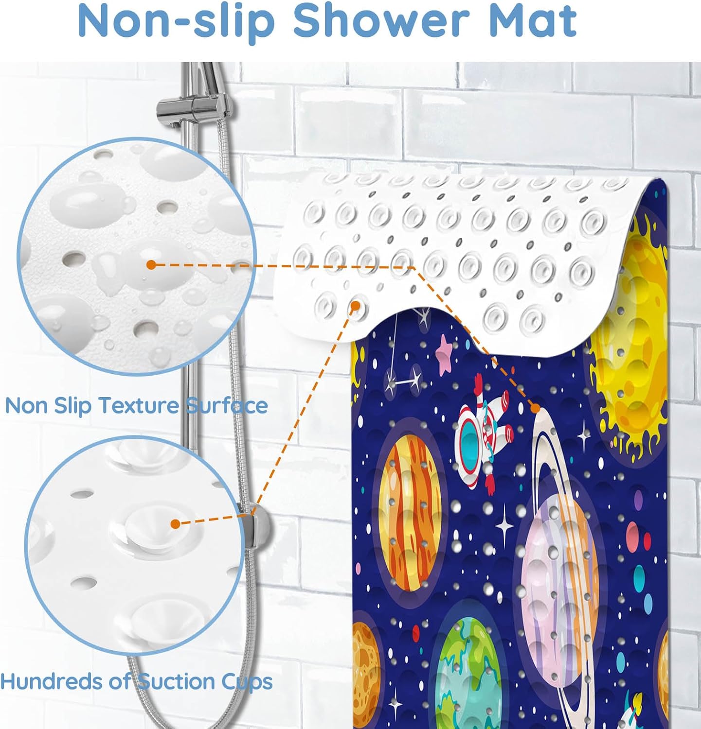 KINUUIS Bathtub Mat for Kids Blue Outer Space Design Non-Slip Washable
