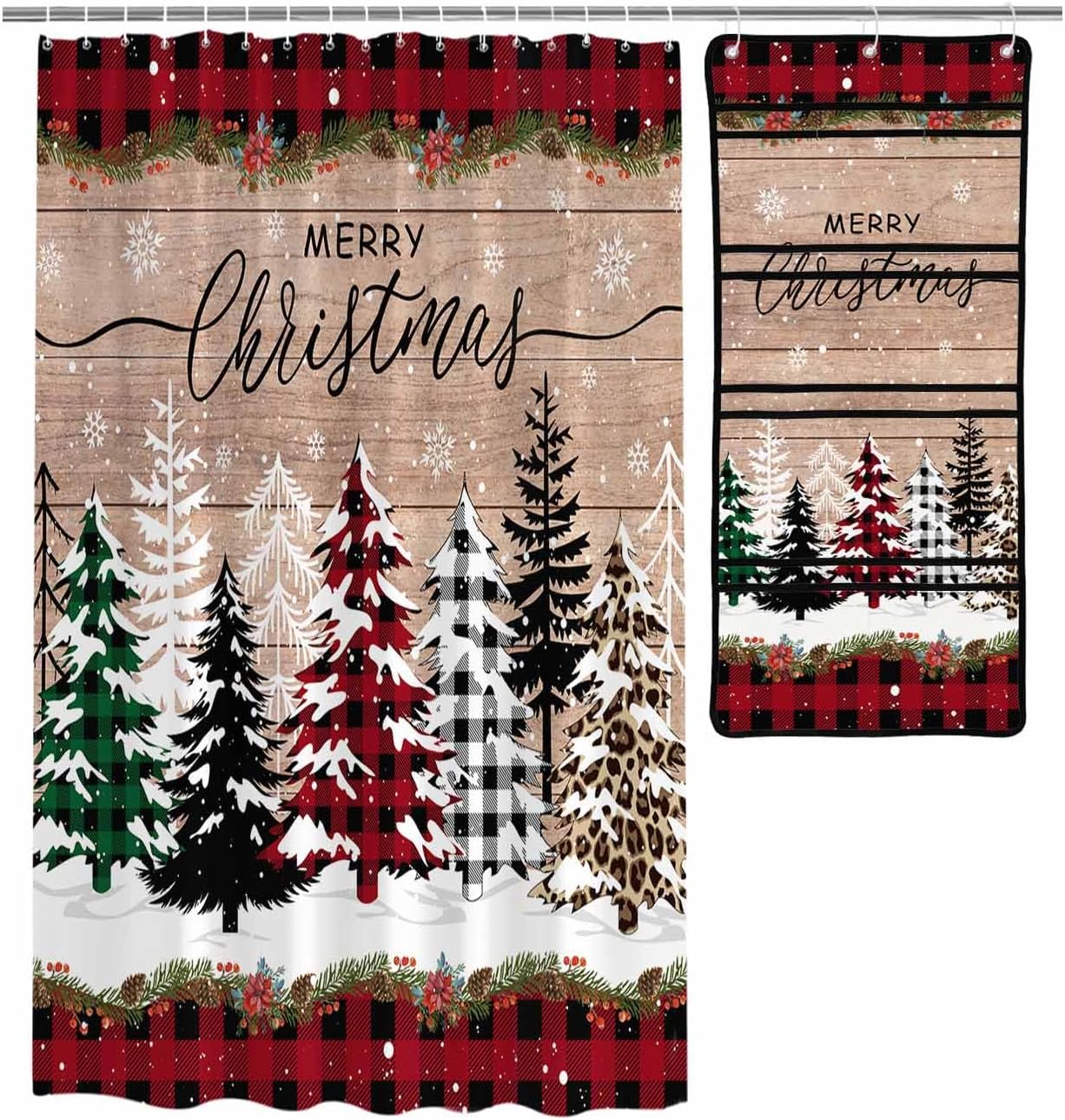 Stylish Mesh Shower Organizer with 10 Pockets Waterproof Leopard Christmas Tree Bath Curtain