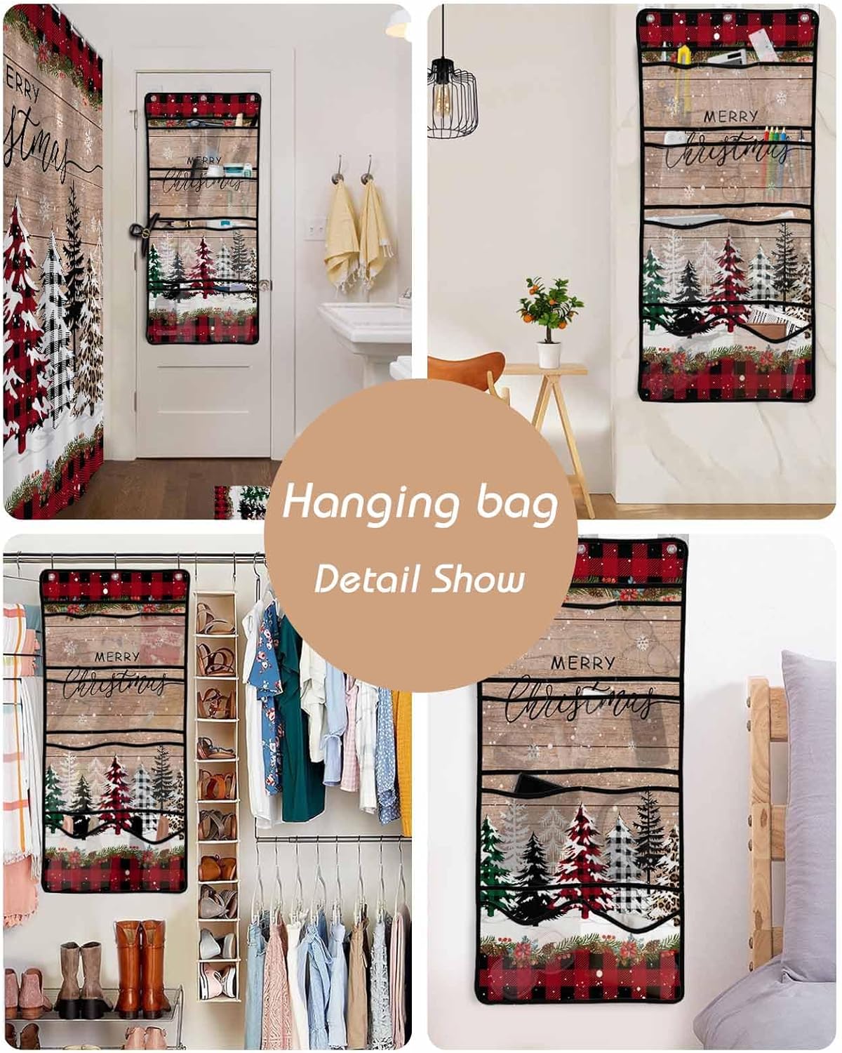 Stylish Mesh Shower Organizer with 10 Pockets Waterproof Leopard Christmas Tree Bath Curtain