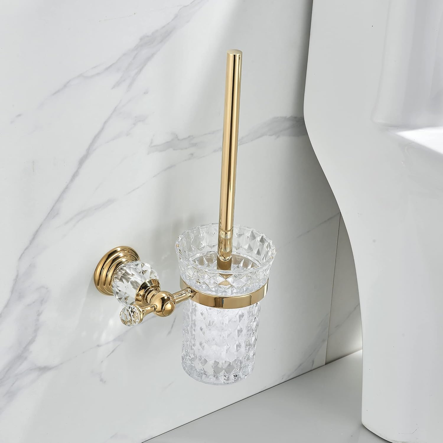 WOLIBEER Crystal Toilet Brush Holder with Gold Handle and Replaceable Brush 1