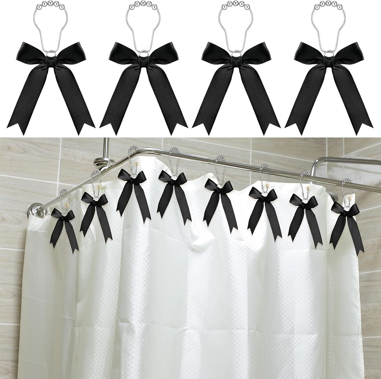 12-Piece Set Black Bow Shower curtain Hooks for Modern Bathroom Design