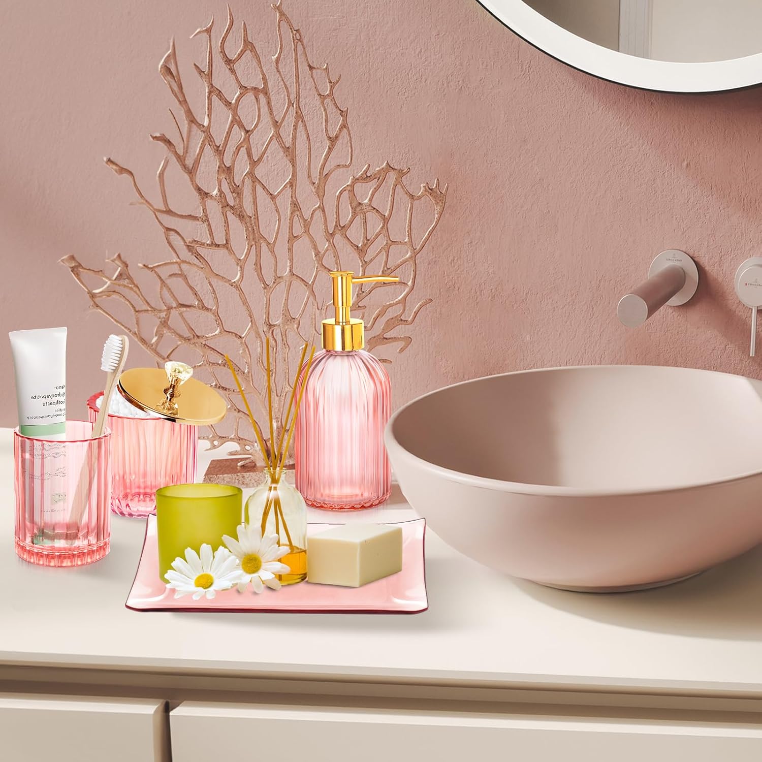 Pink 4Pc Glass Bathroom Accessory Set