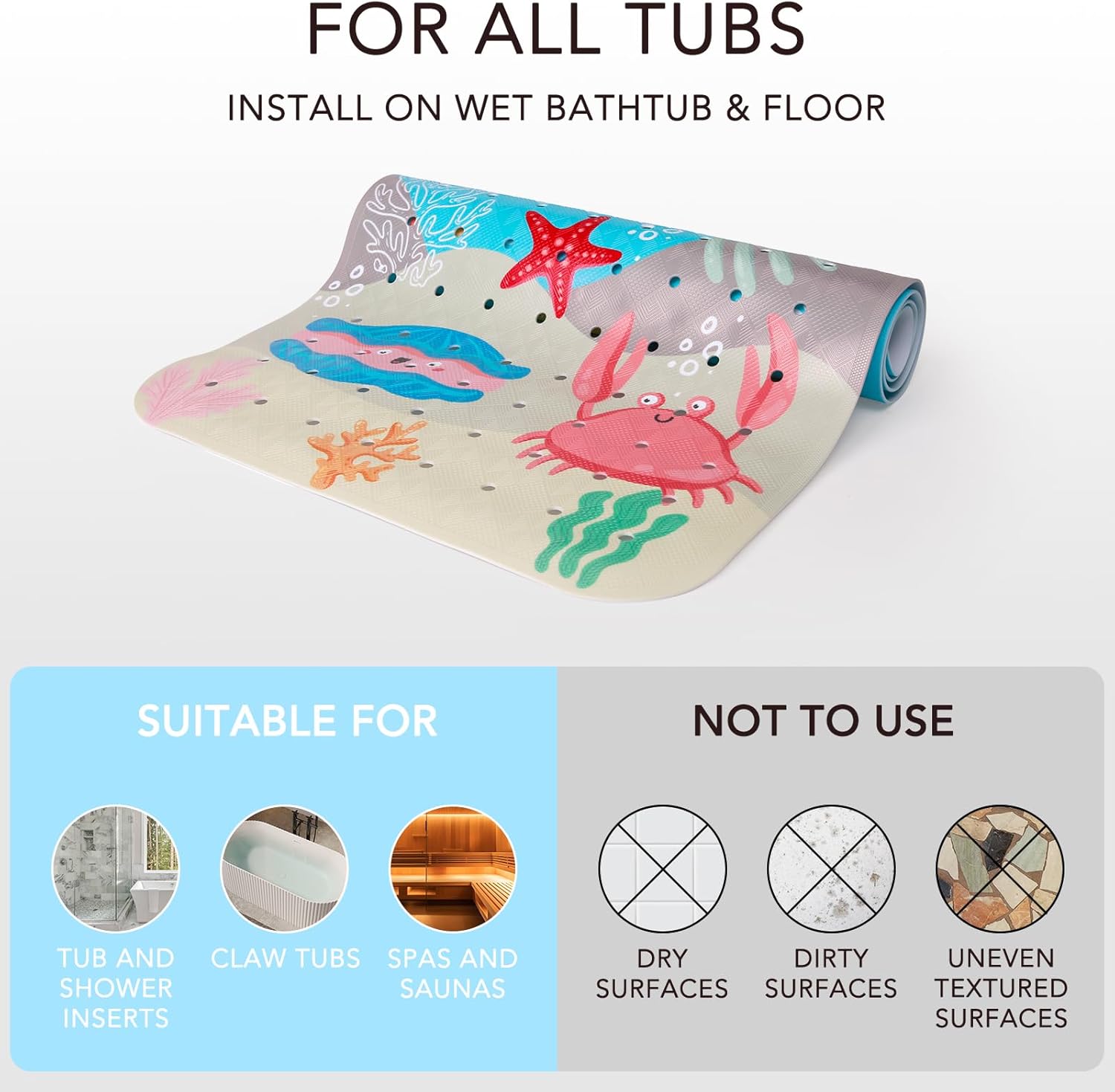Kids Bath Mat Non Slip with Suction Cups and Drain Holes