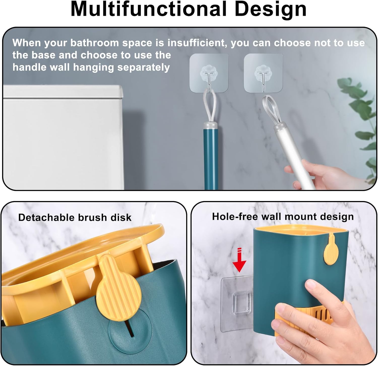 Flexible Toilet Brush with Wall Mount Holder 2 Pack Blue White
