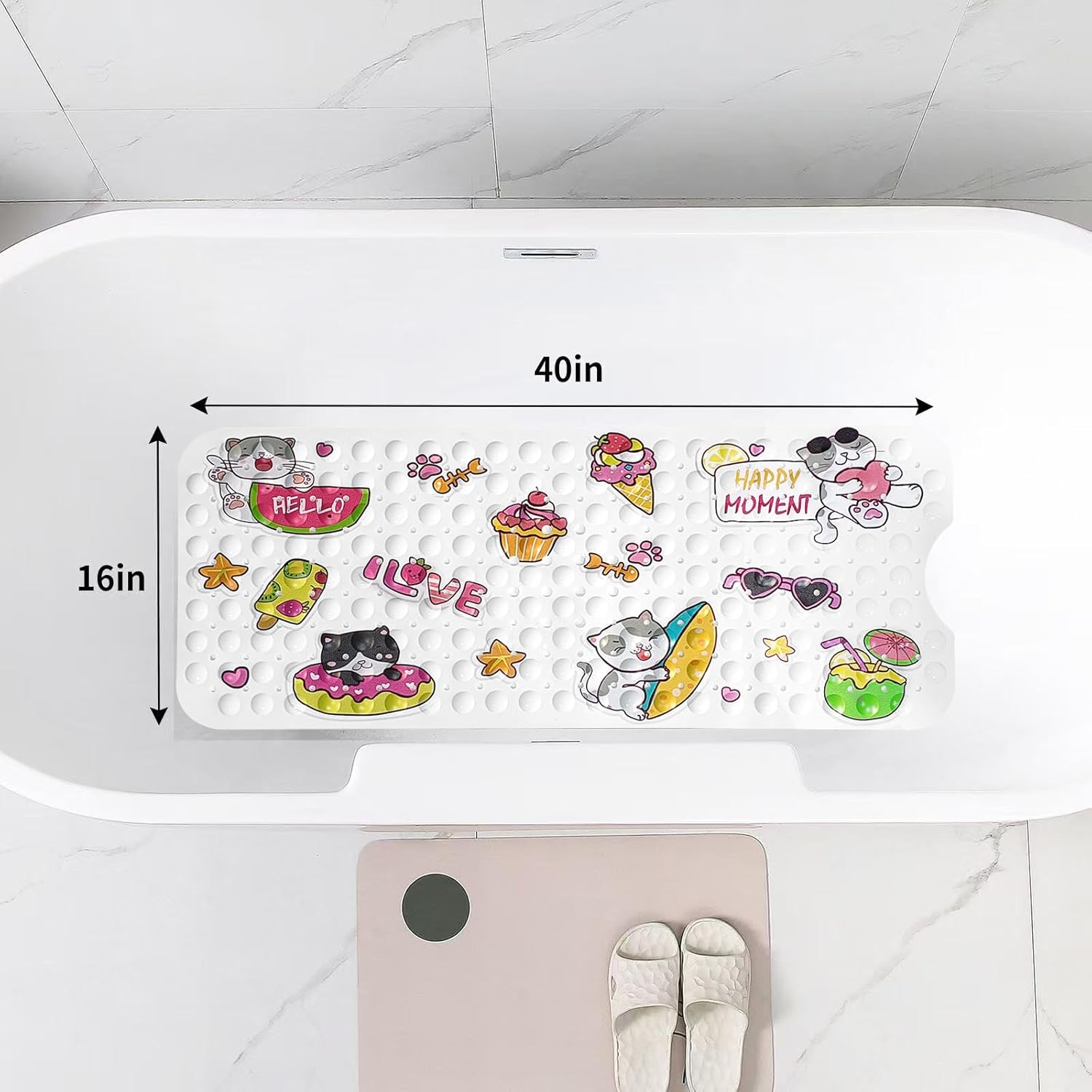 FLMHT Cartoon Bathtub Mat with Suction Cups and Drain Holes