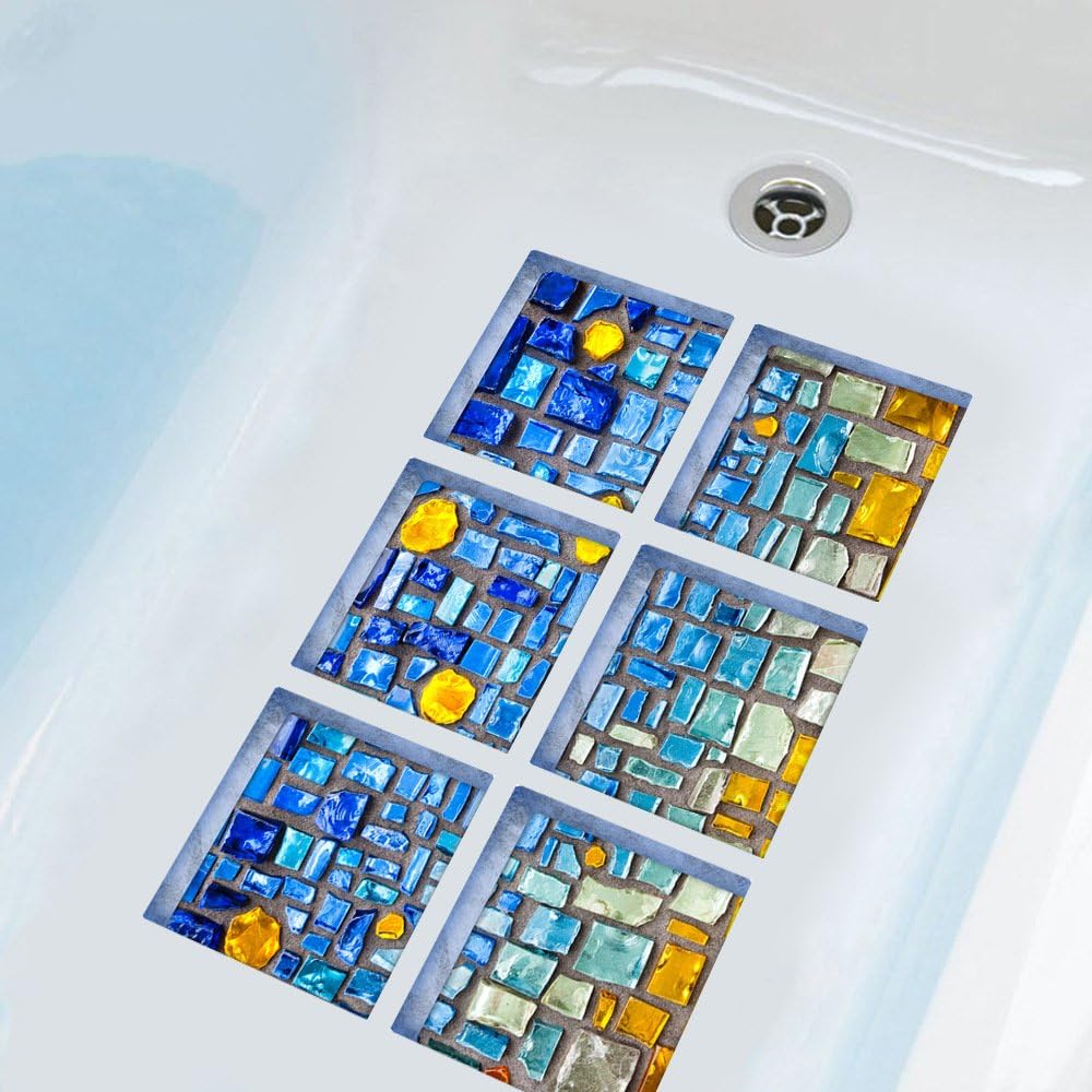ChezMax 3D Blue Mosaic Anti-Slip Bath Decals 6 Pcs