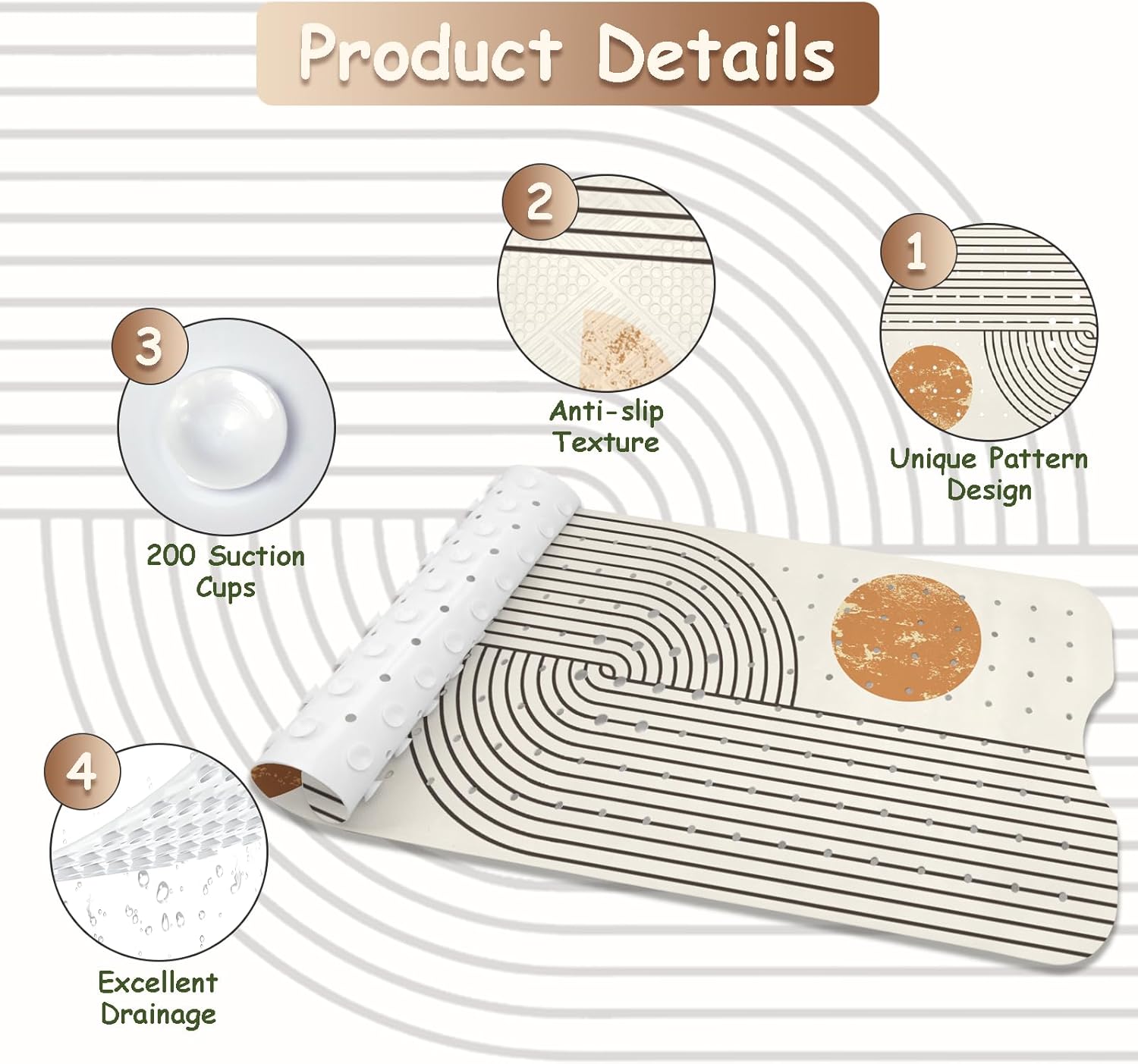 Non Slip Bath Mat with Suction Cups 40x16 Inch
