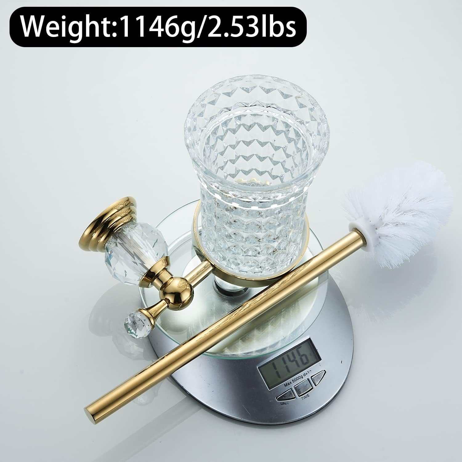 WOLIBEER Crystal Toilet Brush Holder with Gold Handle and Replaceable Brush 1