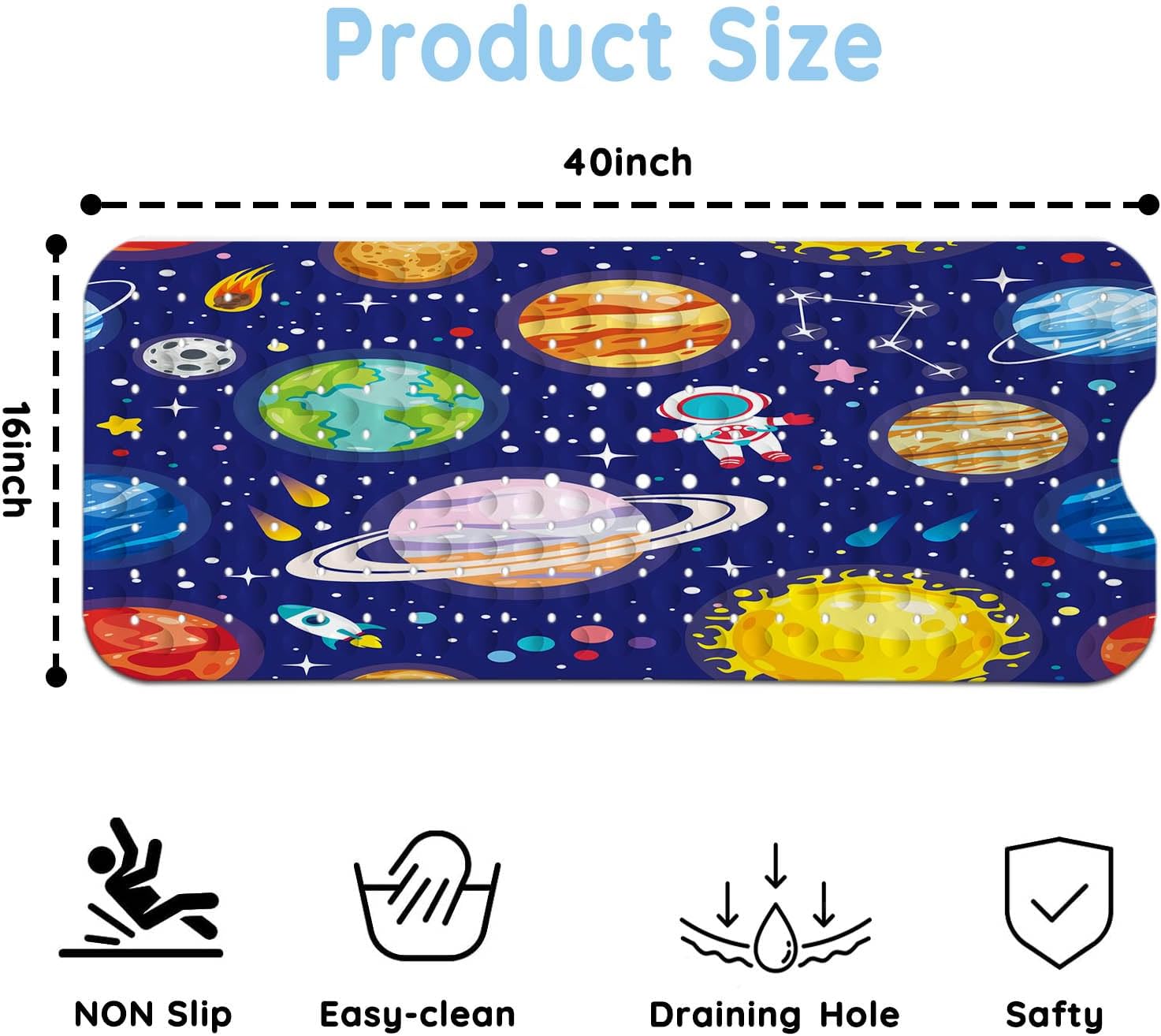 KINUUIS Bathtub Mat for Kids Blue Outer Space Design Non-Slip Washable