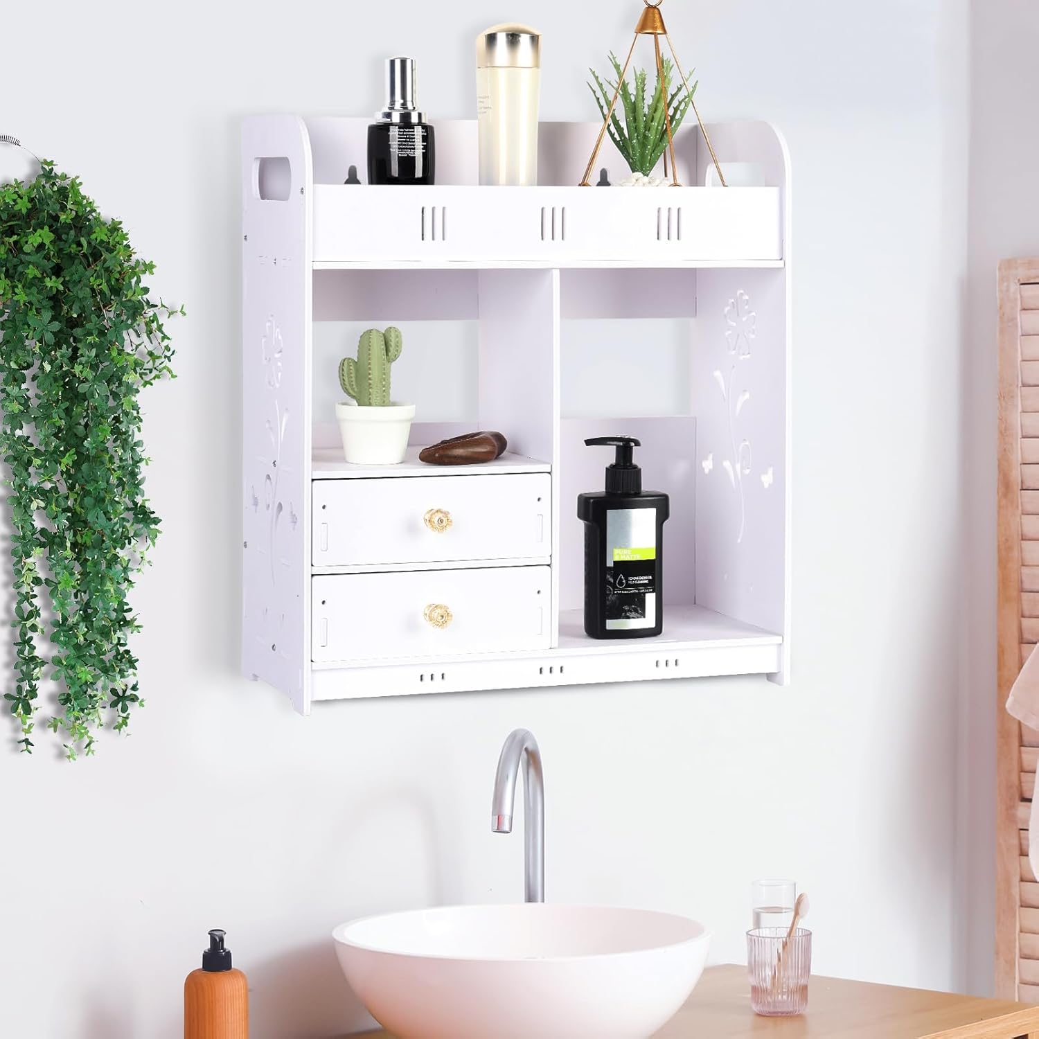 White Bathroom Cabinet with Hollow Flower Carving