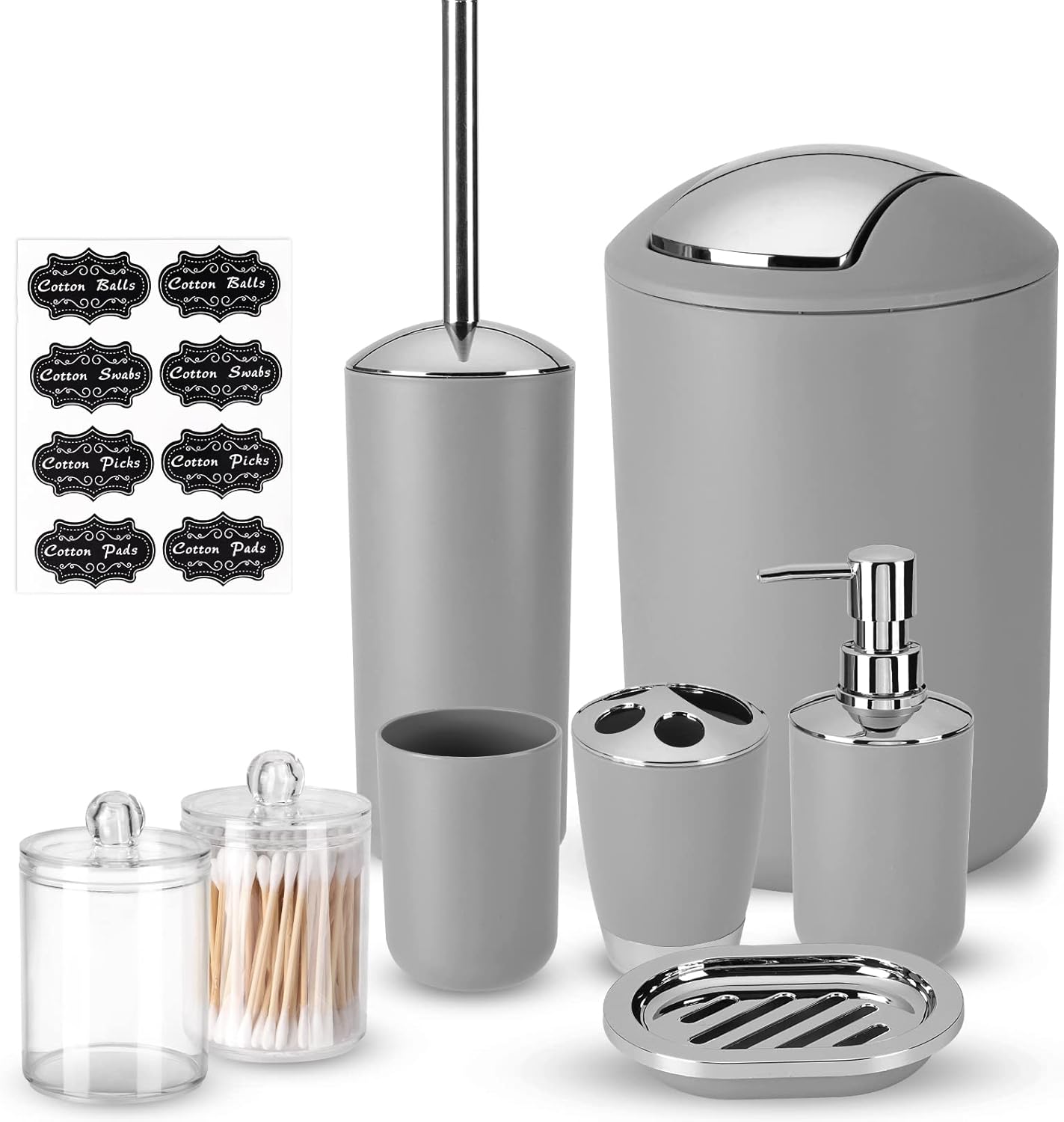 8-Piece Bathroom Accessory Set with Labels Gray