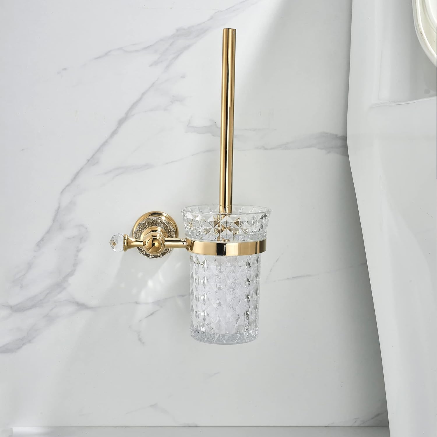 WOLIBEER Crystal Toilet Brush Holder with Gold Handle and Replaceable Brush 1