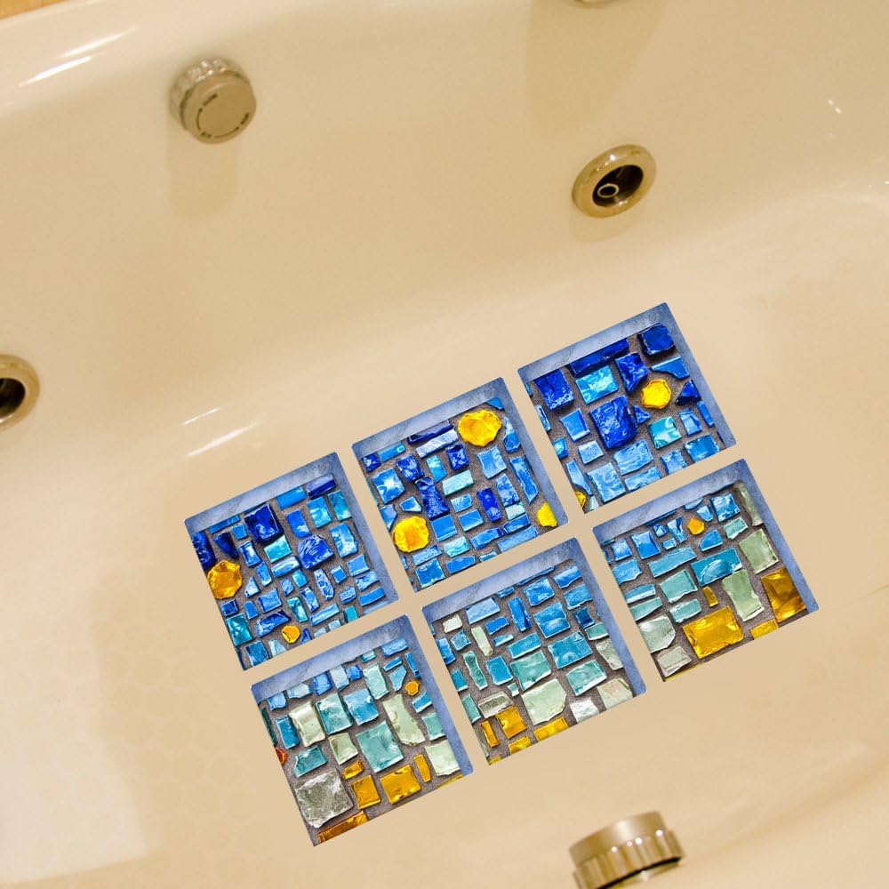 ChezMax 3D Blue Mosaic Anti-Slip Bath Decals 6 Pcs