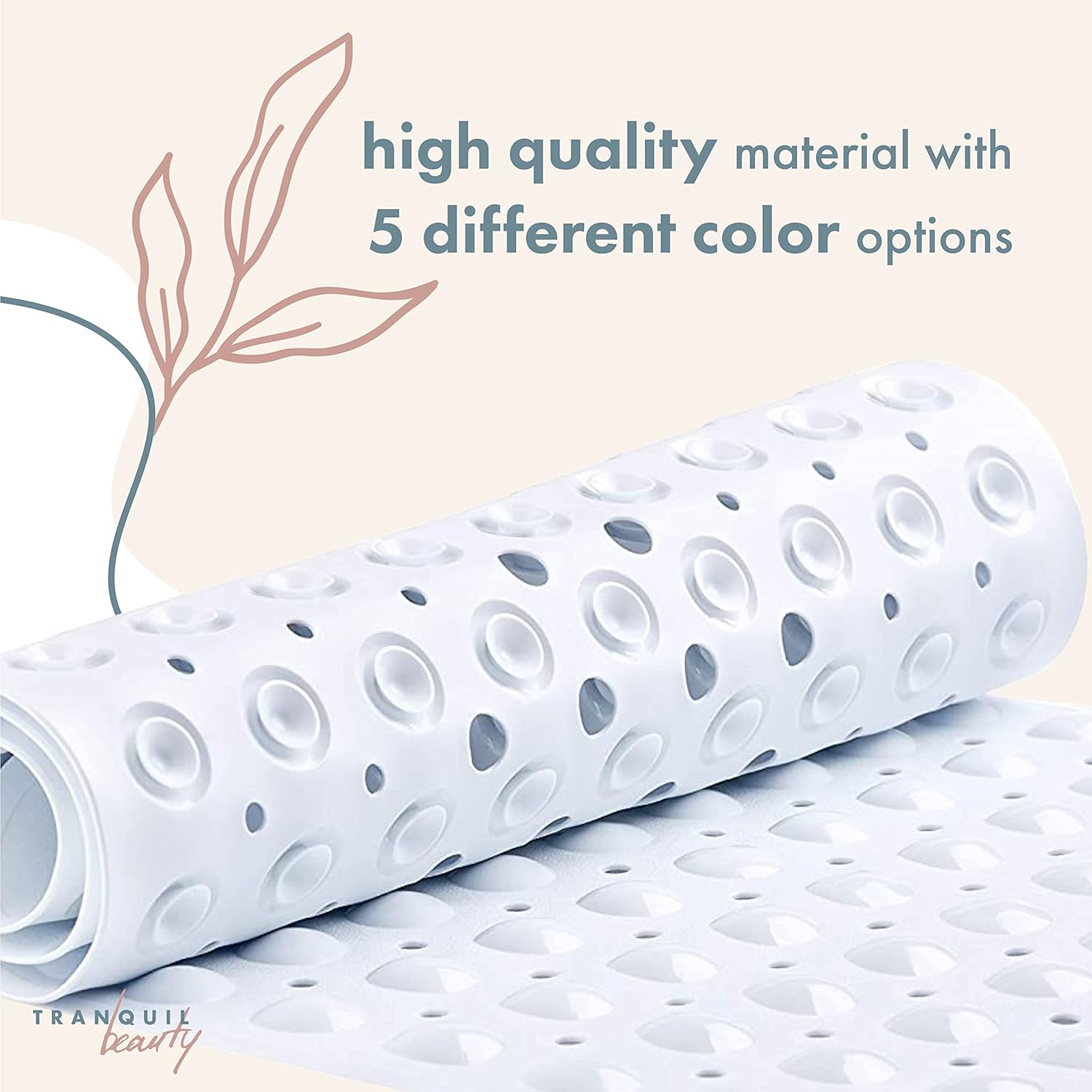 TranquilBeauty Non-Slip Bath Mat with Suction Cups 40x16in White Extra Long