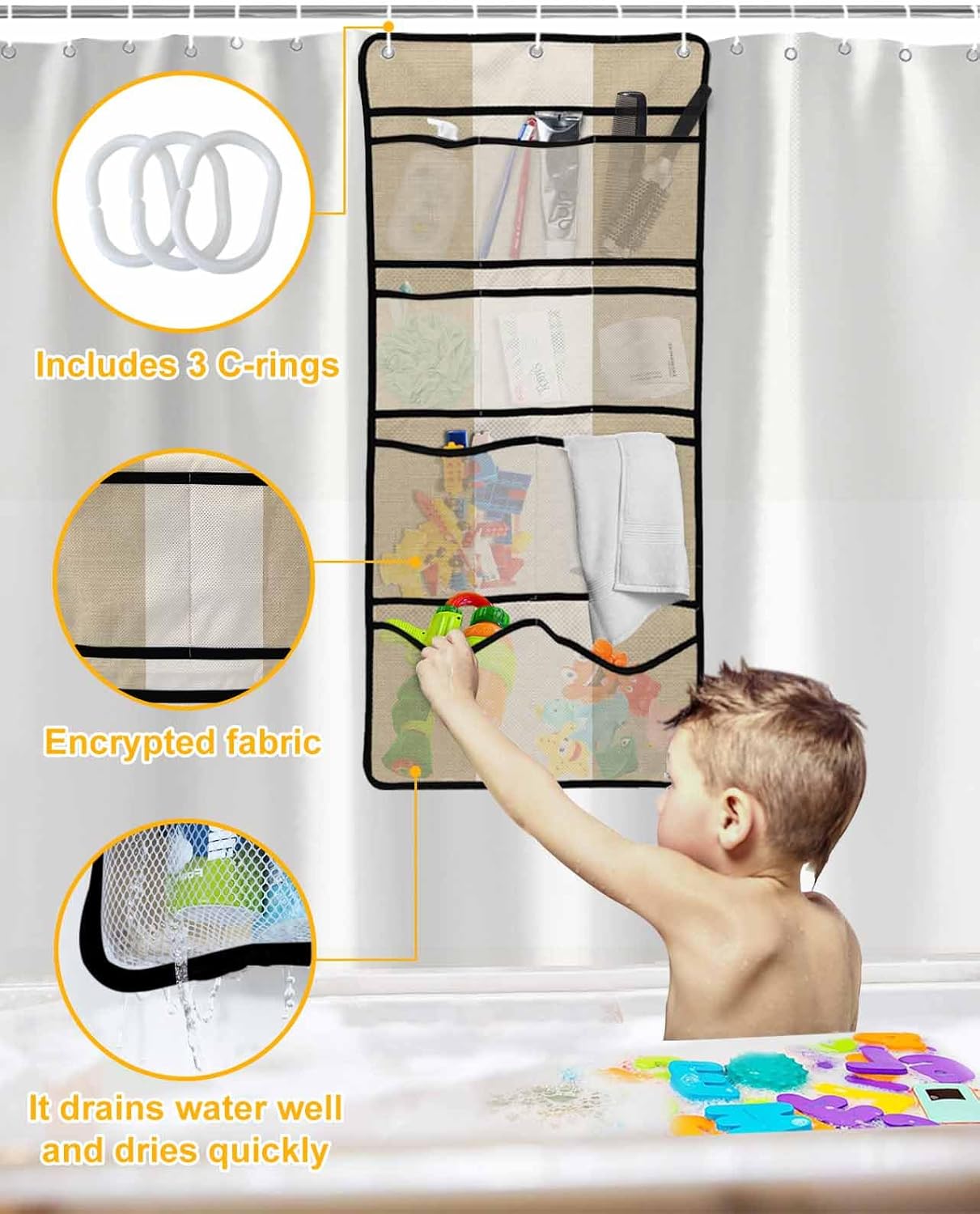 ZFUNCING Shower Curtain with Mesh Organizer and Hooks