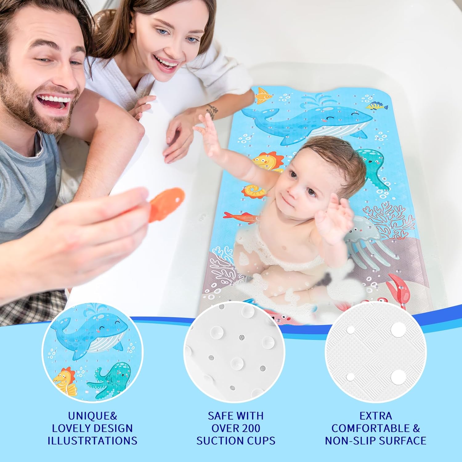 Kids Bath Mat Non Slip with Suction Cups and Drain Holes