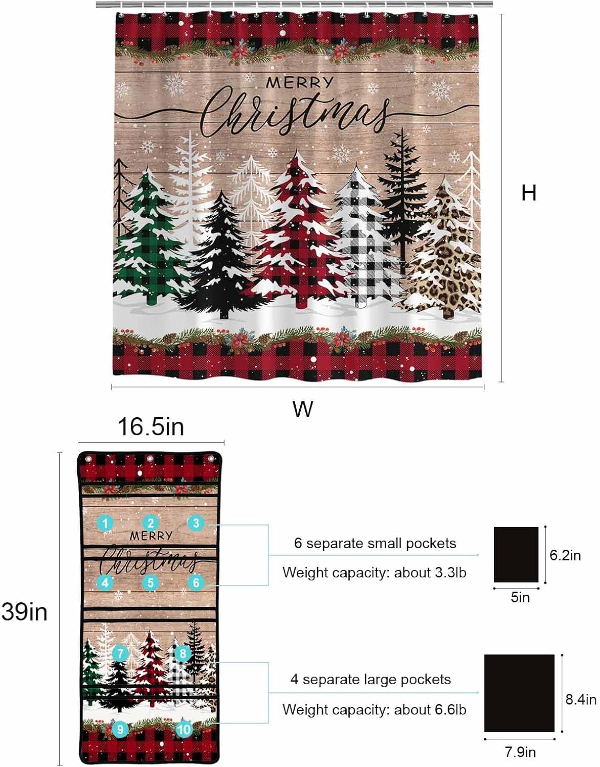 Stylish Mesh Shower Organizer with 10 Pockets Waterproof Leopard Christmas Tree Bath Curtain