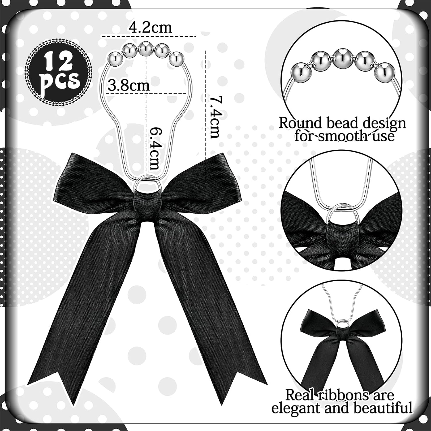 12-Piece Set Black Bow Shower curtain Hooks for Modern Bathroom Design