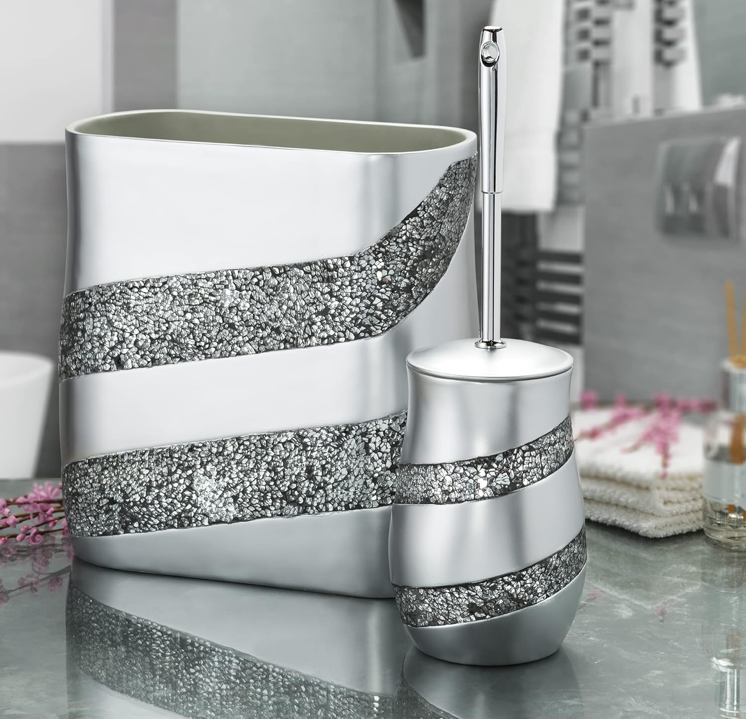 Elegant Silver Mosaic Toilet Brush Set Creative Scents