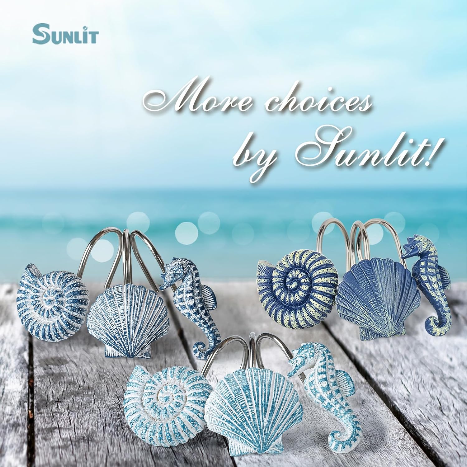 Sunlit 12-Piece Blue Resin Decorative Shower Curtain Hooks
