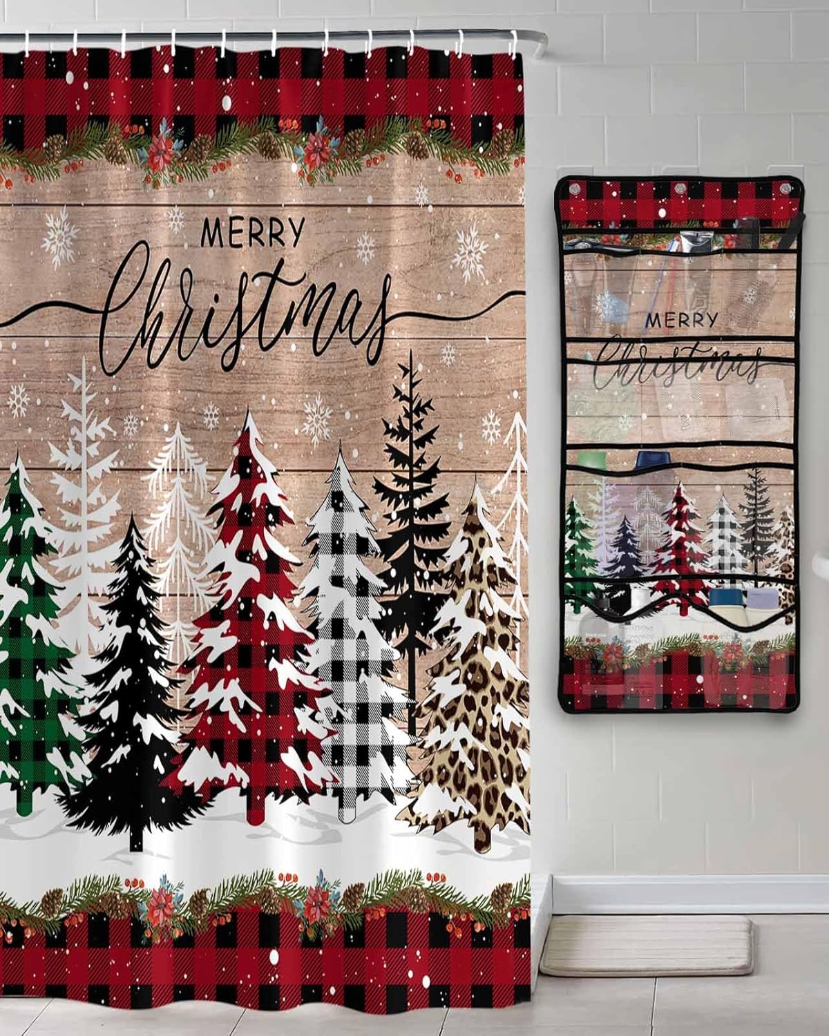 Stylish Mesh Shower Organizer with 10 Pockets Waterproof Leopard Christmas Tree Bath Curtain