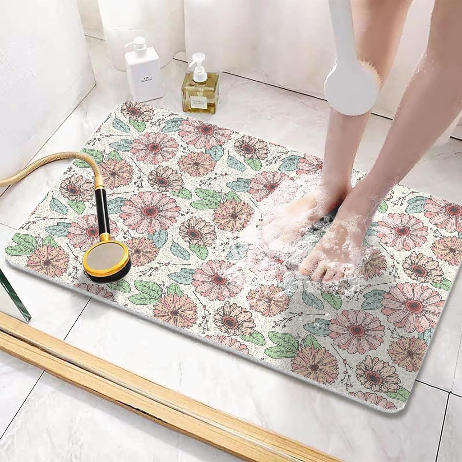 COKHDHSquare Non-Slip Flower Shower Mat 48x24