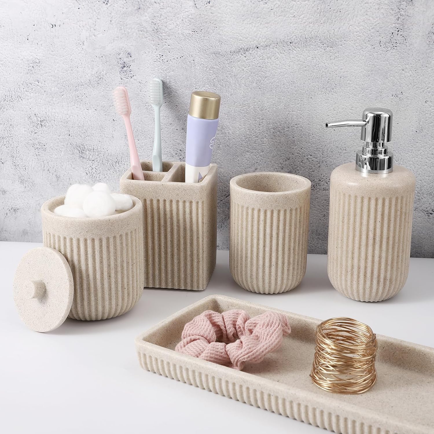Resin Beige Bathroom Accessories Set 5 Pcs
