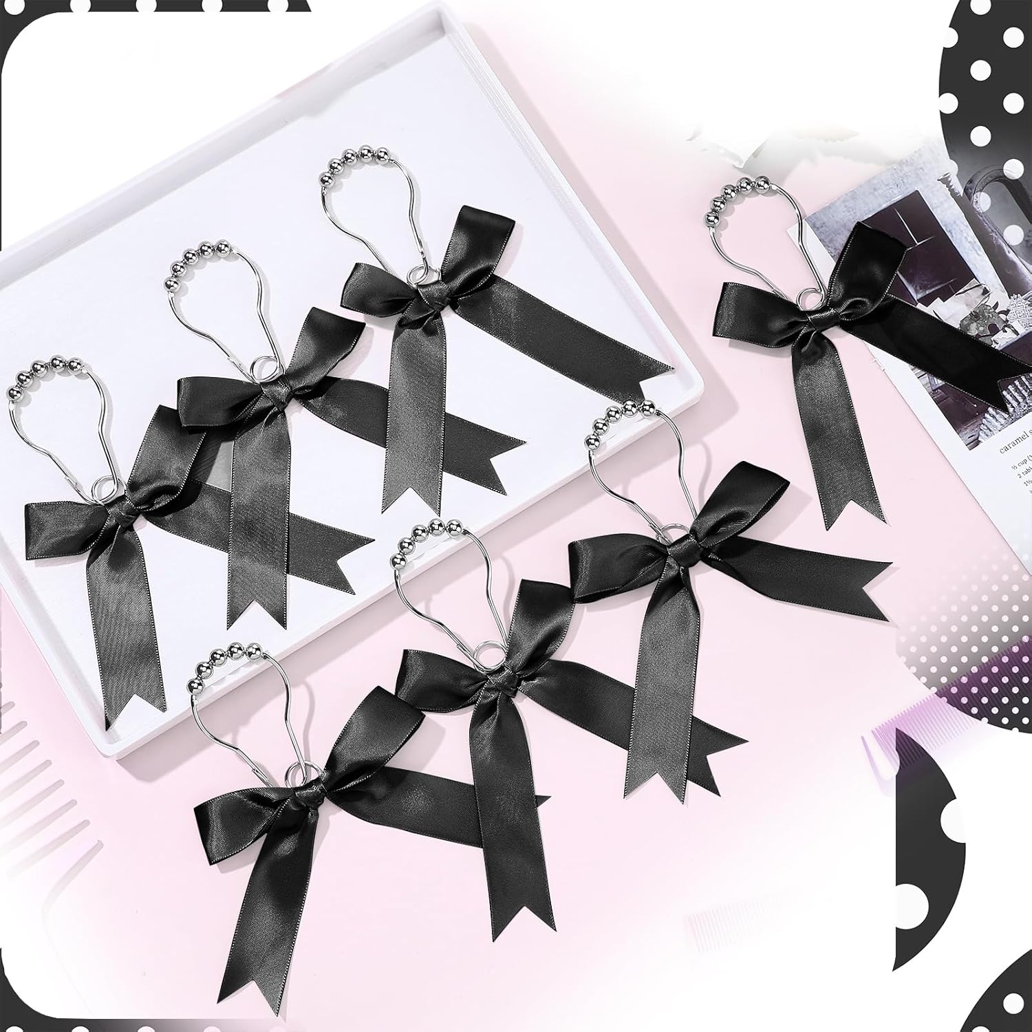 12-Piece Set Black Bow Shower curtain Hooks for Modern Bathroom Design