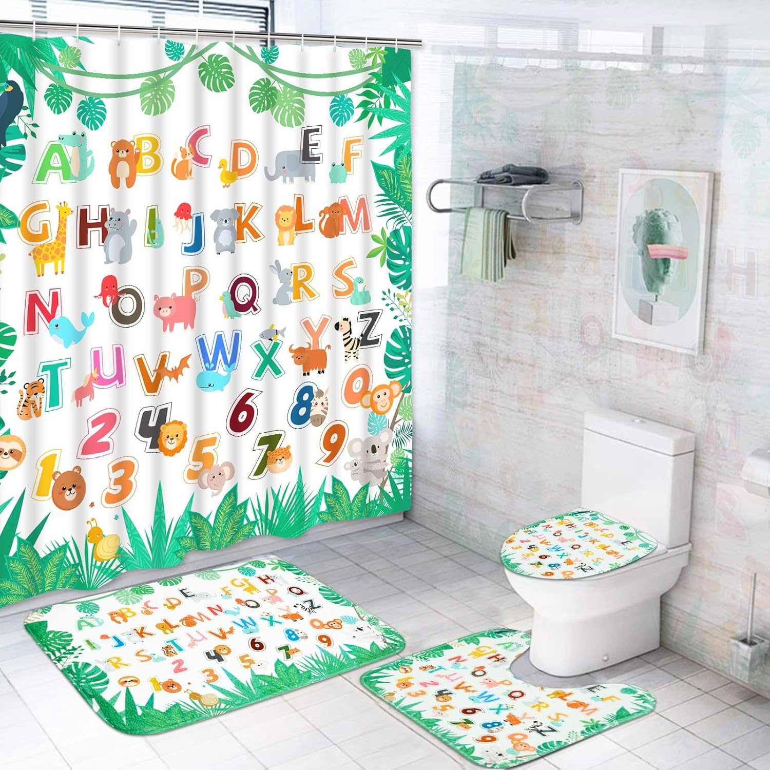 Ikfashoni 4Pcs Kids Animal Shower Curtain Set