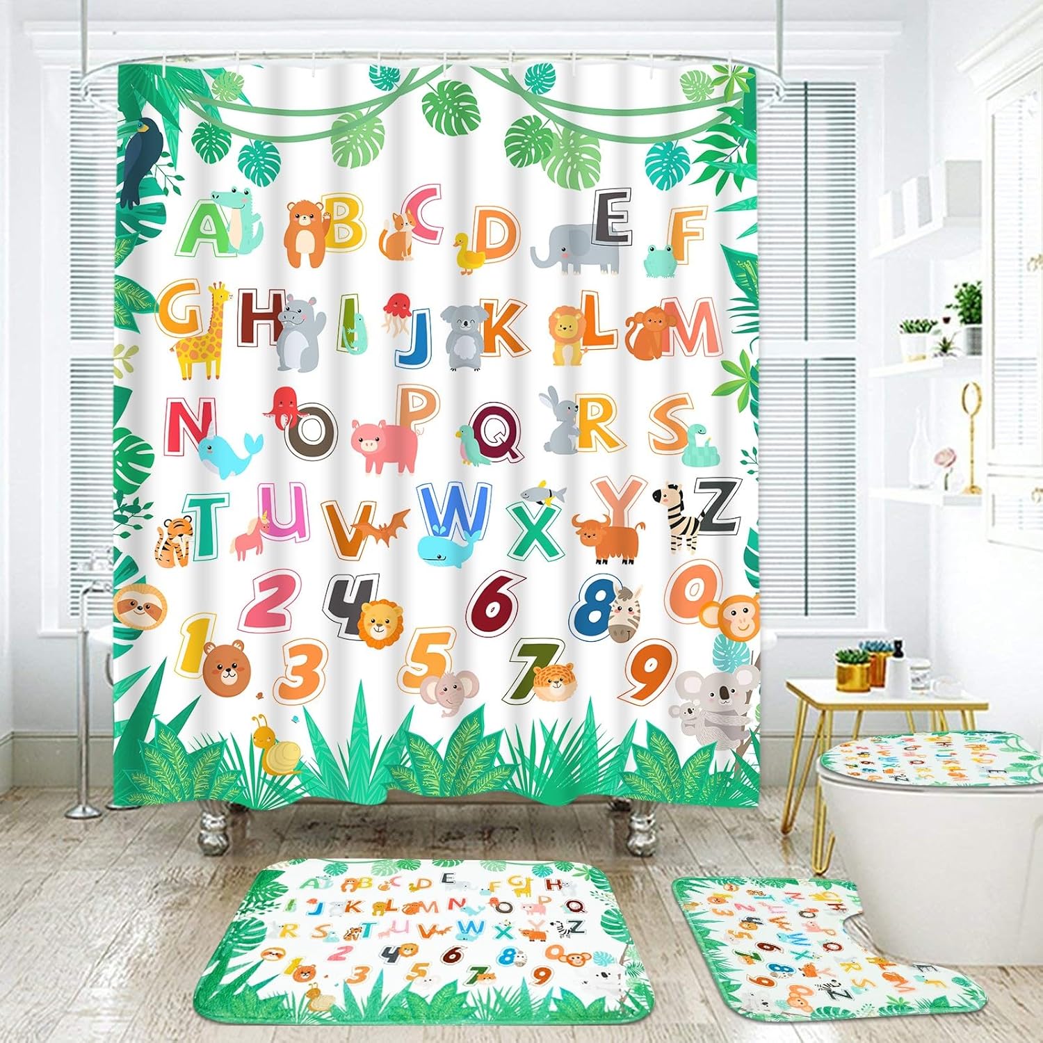 Ikfashoni 4Pcs Kids Animal Shower Curtain Set