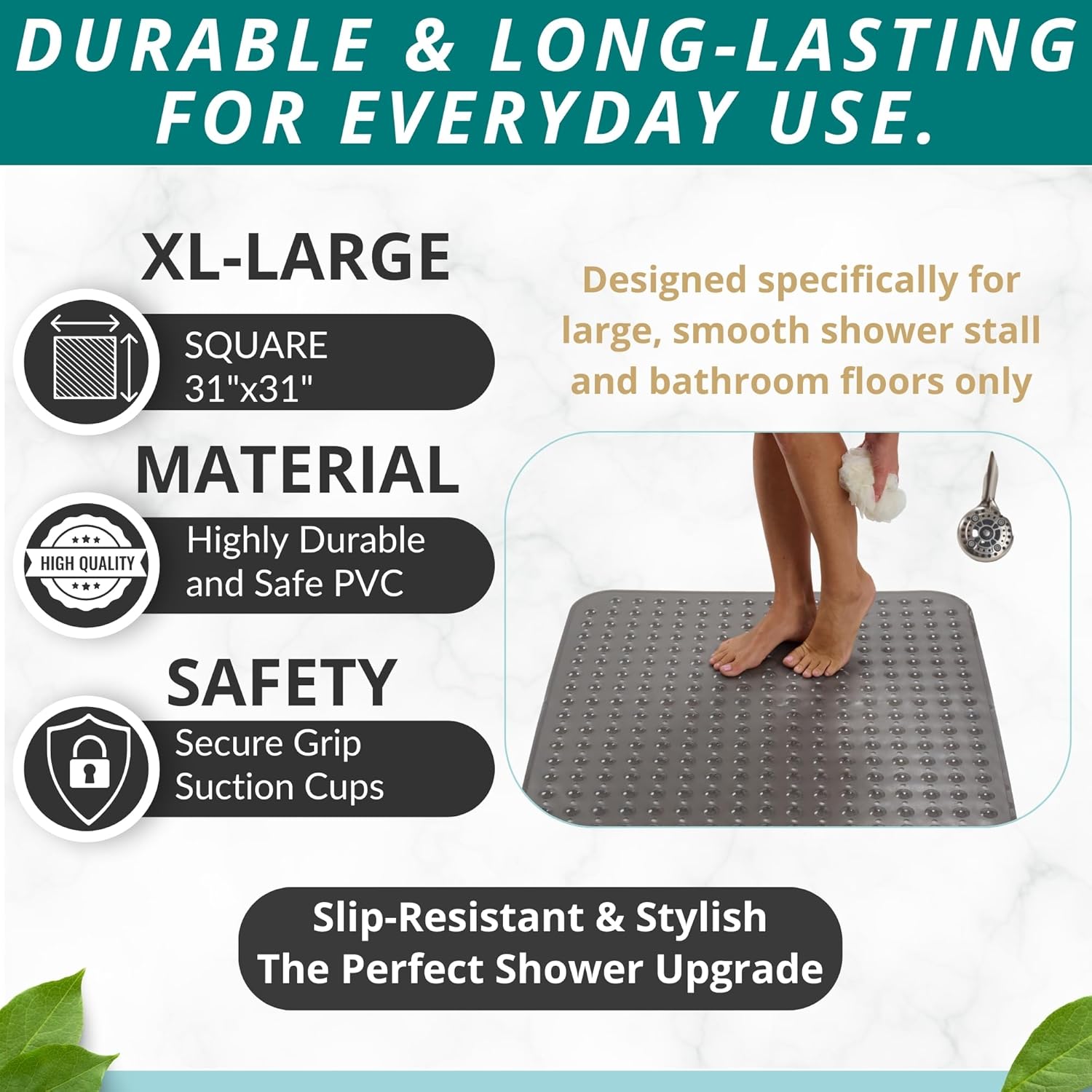 ENKOSI Extra Large Square Non Slip Shower Mat 31x31 Inch