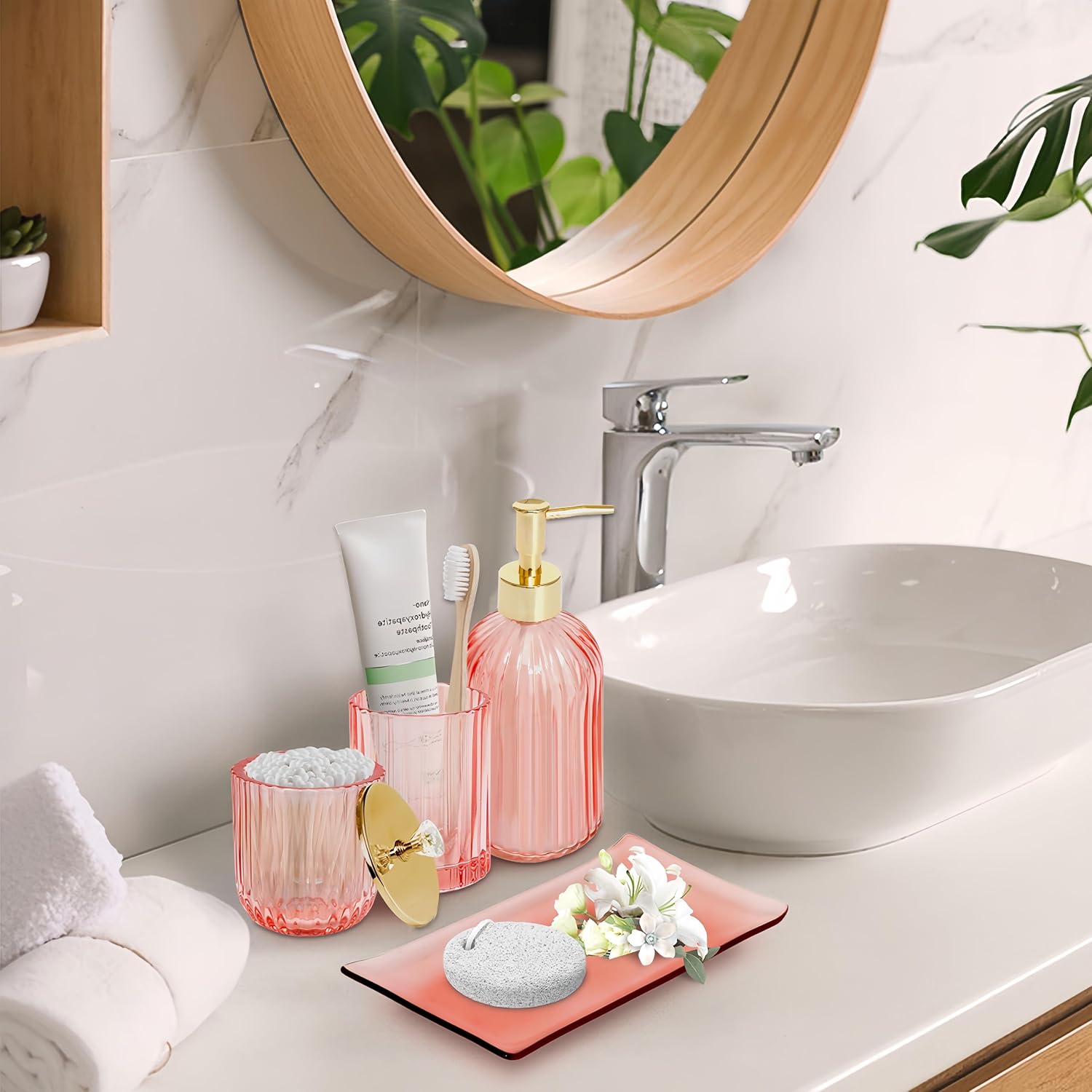 Pink 4Pc Glass Bathroom Accessory Set