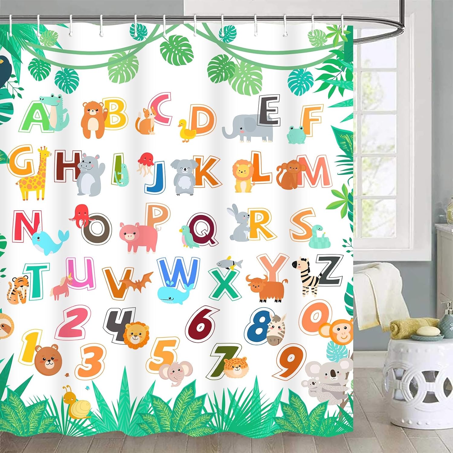 Ikfashoni 4Pcs Kids Animal Shower Curtain Set