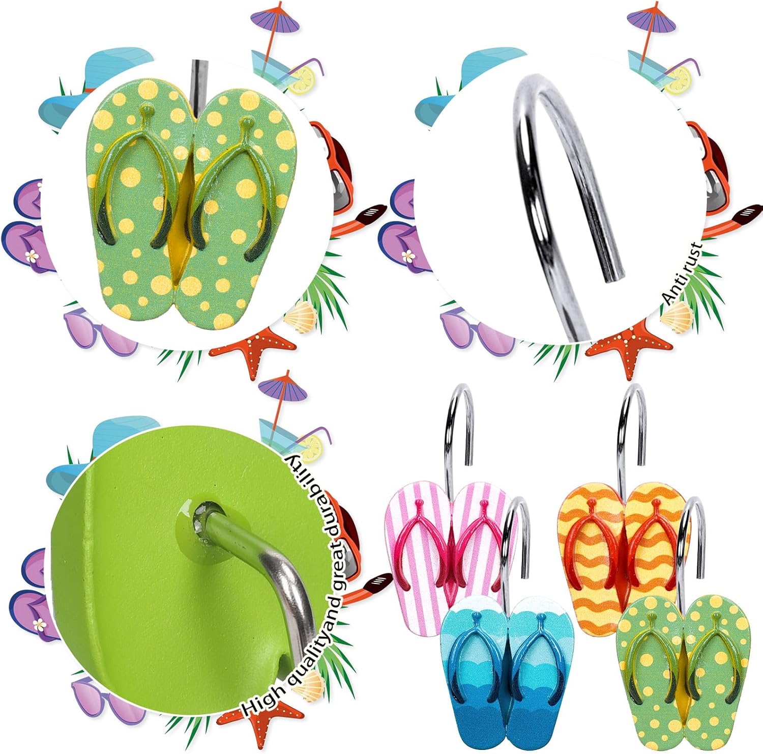 Whaline Summer Beach Flip Flop Shower Curtain Hooks