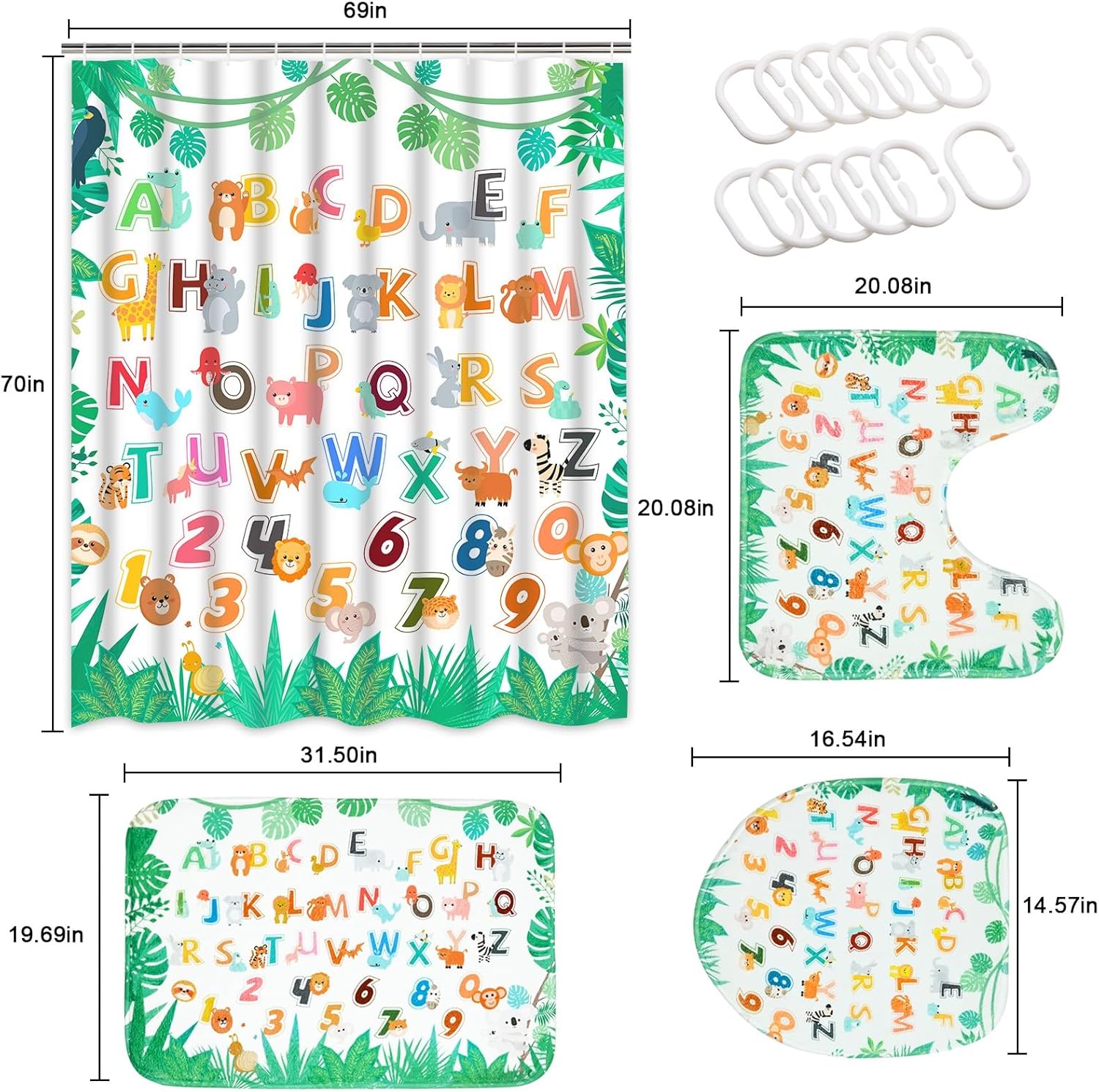 Ikfashoni 4Pcs Kids Animal Shower Curtain Set