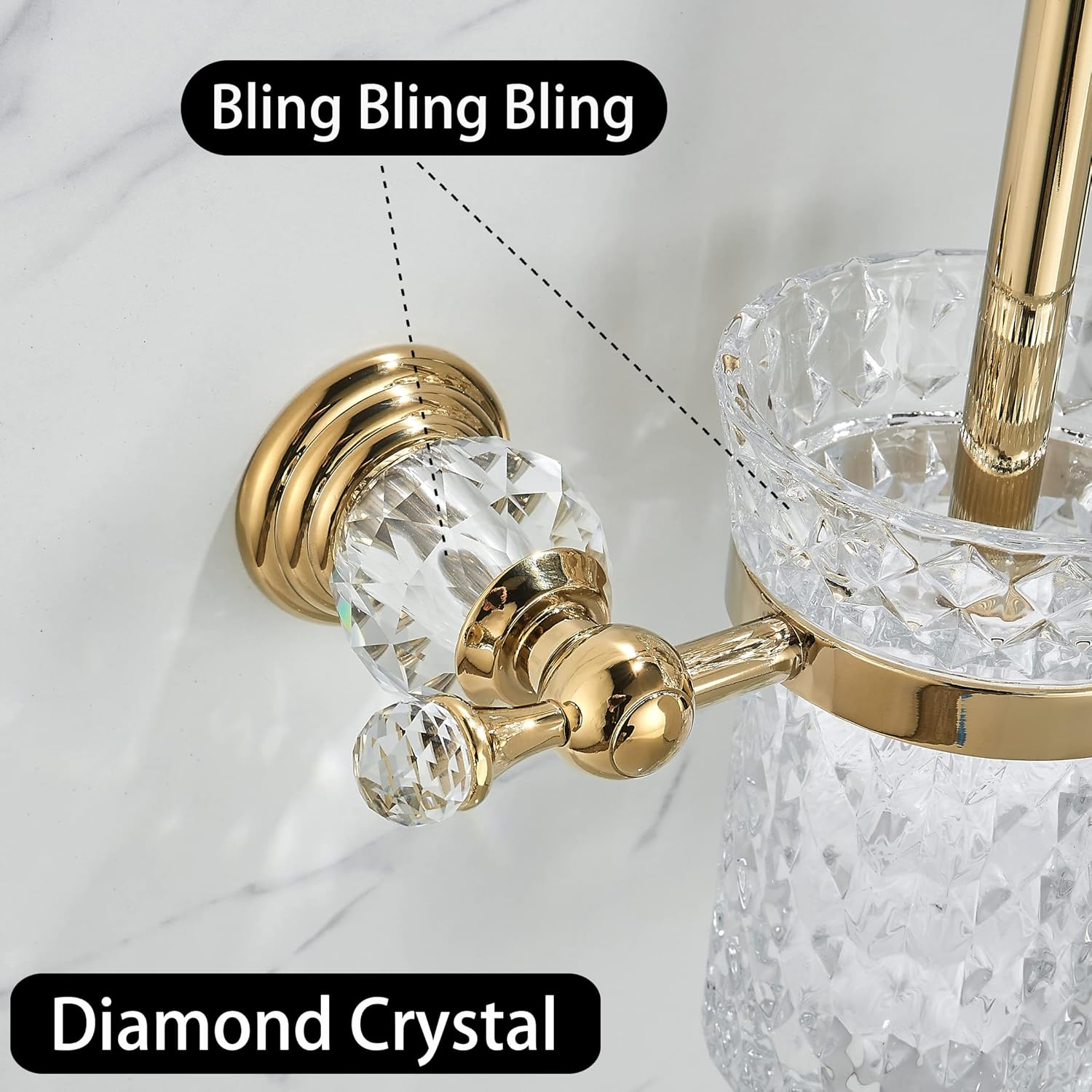WOLIBEER Crystal Toilet Brush Holder with Gold Handle and Replaceable Brush 1