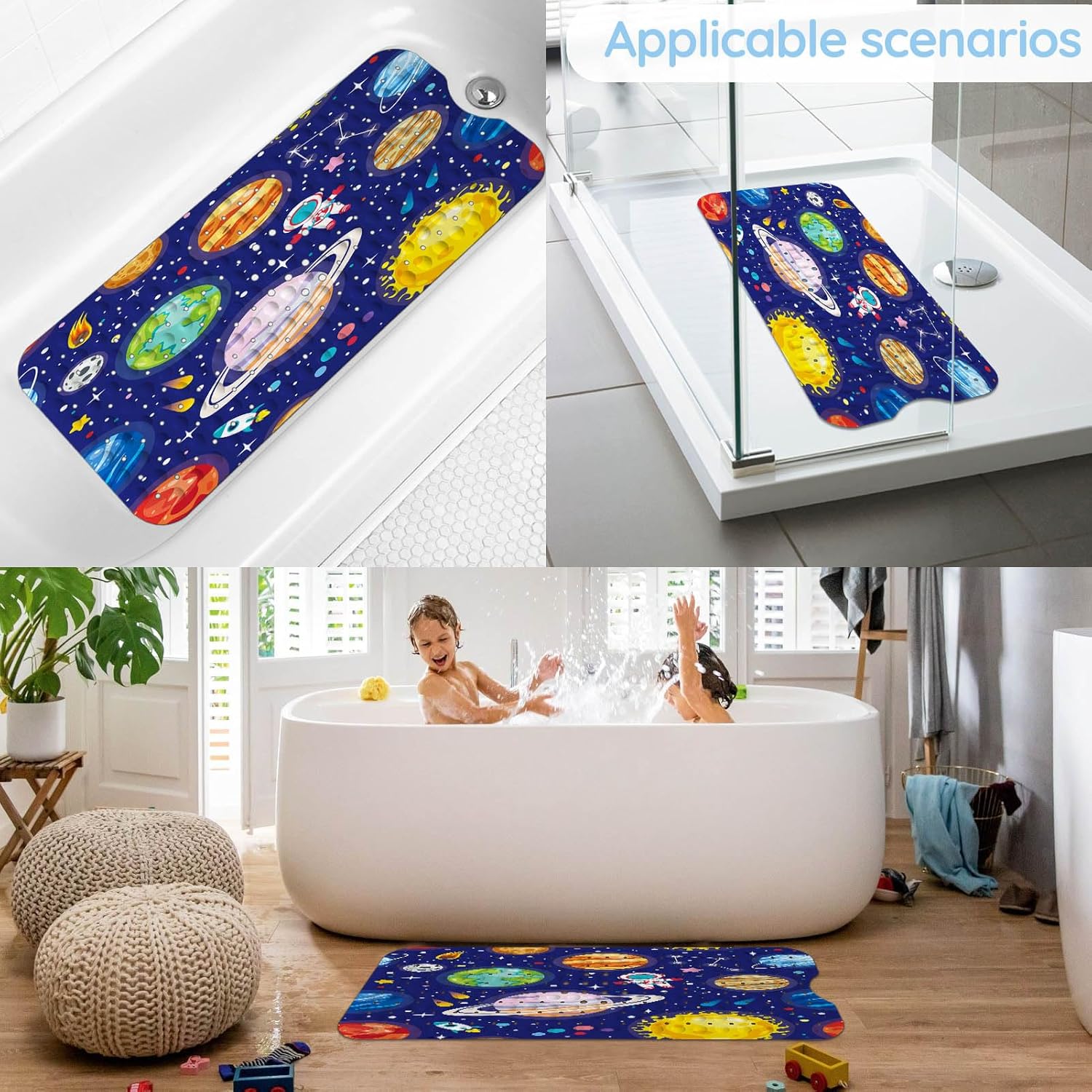 KINUUIS Bathtub Mat for Kids Blue Outer Space Design Non-Slip Washable