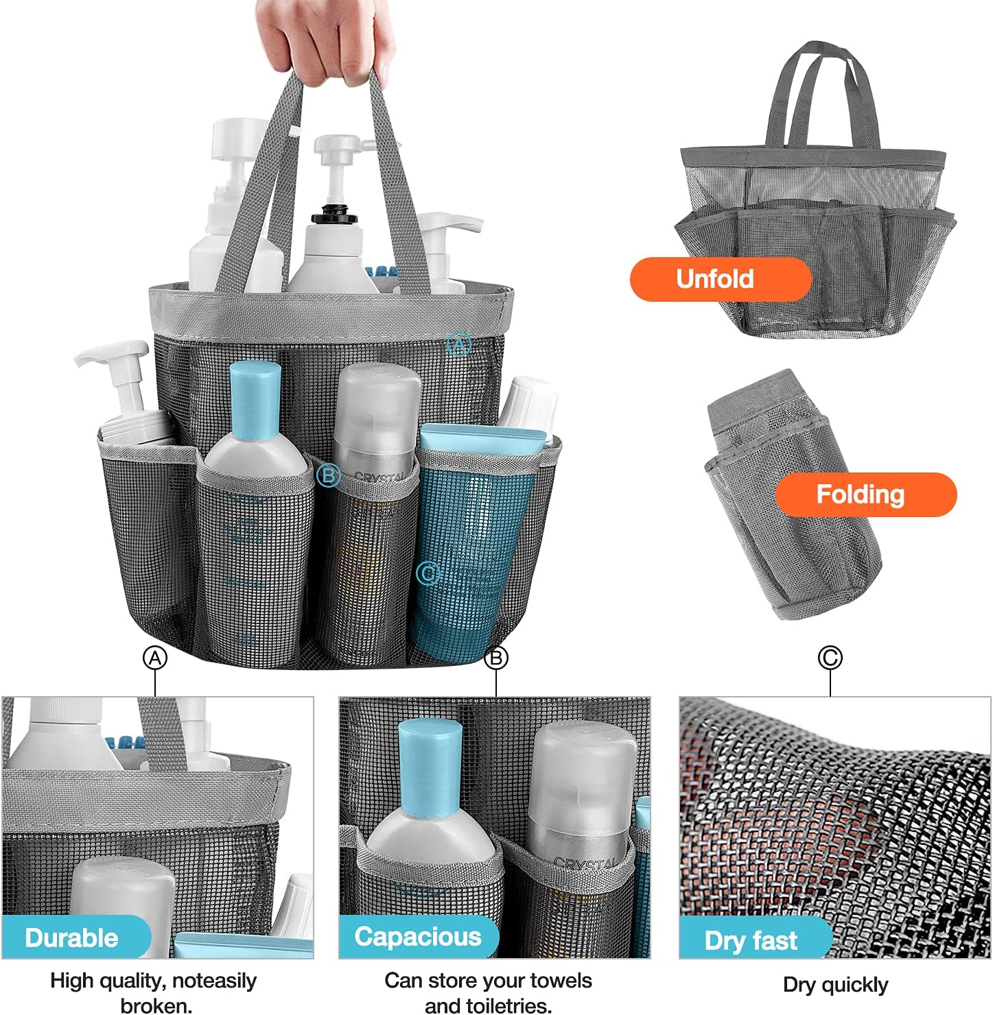 Ndeno Mesh Shower Caddy 9-Compartment Lightweight Durable Portable 1pc Gray