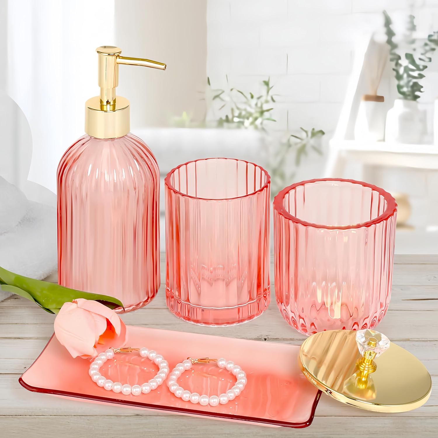 Pink 4Pc Glass Bathroom Accessory Set